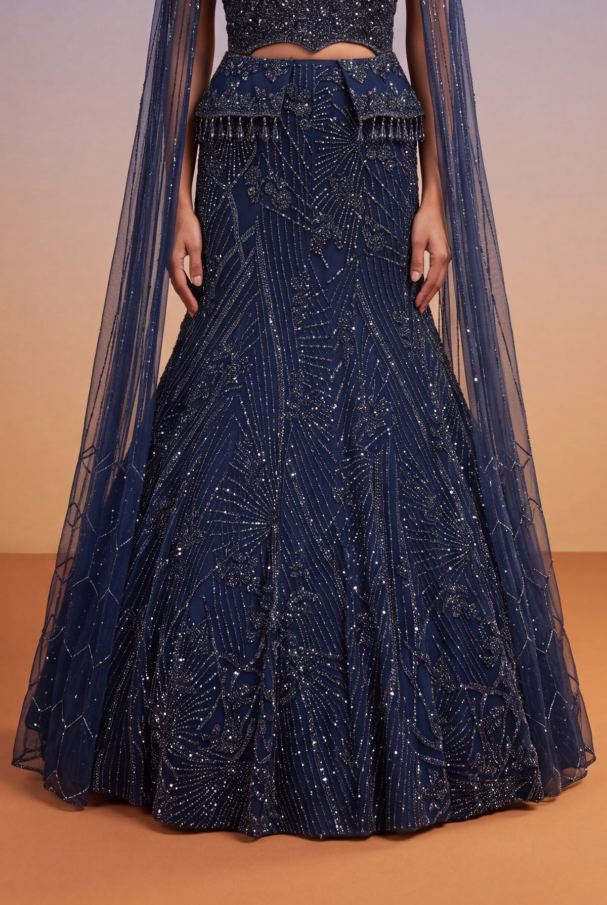 Navy Blue Embellished Fish-Cut Gown with Cape