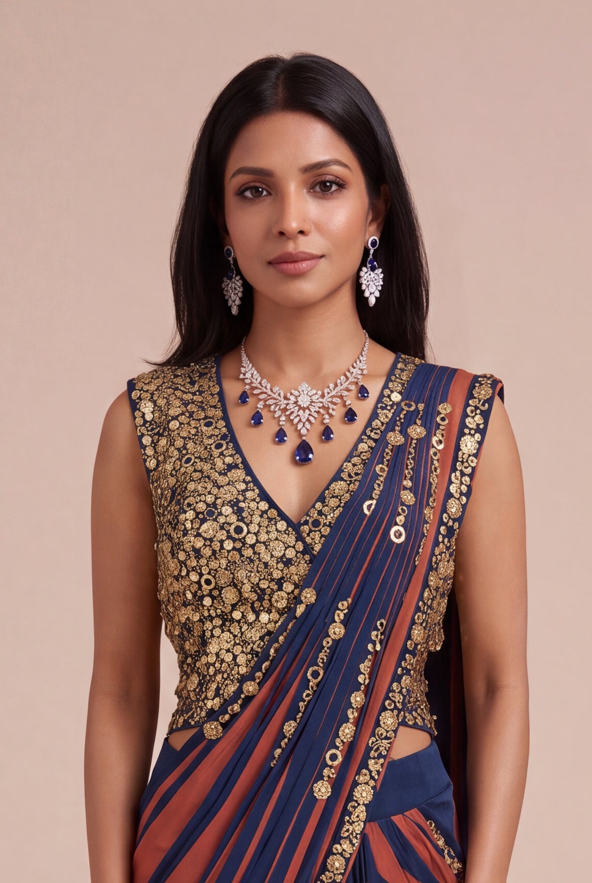 Navy Blue & Rust Satin Silk Pre-Draped Saree