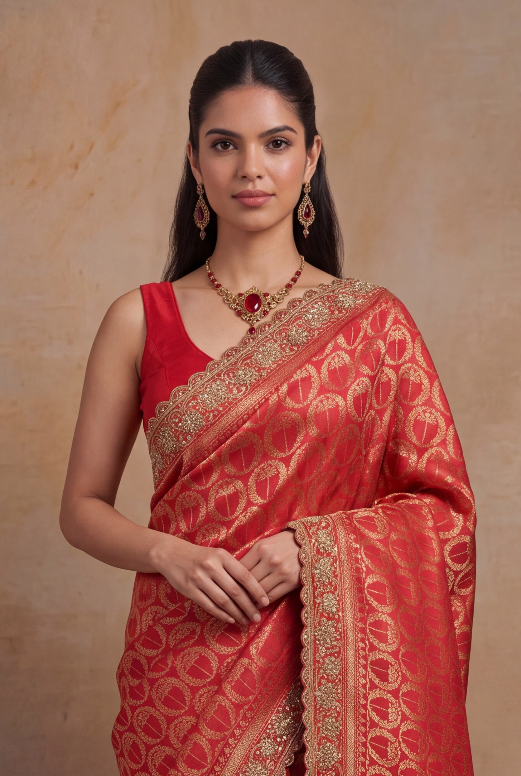 Red Banarasi silk Saree with Zari & Zardozi Border