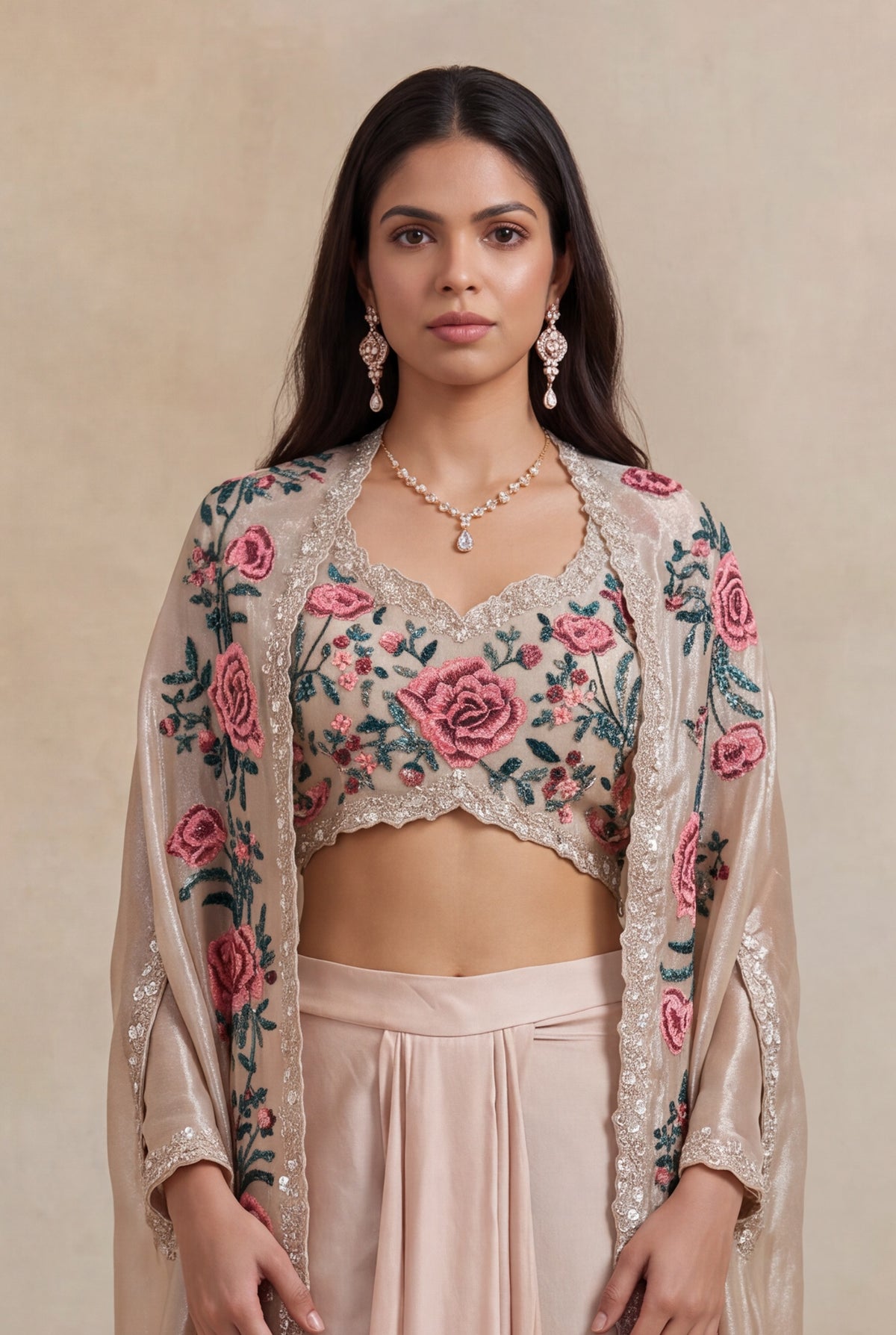 Blush Satin Floral Embroidered Indo-Western Cape Set