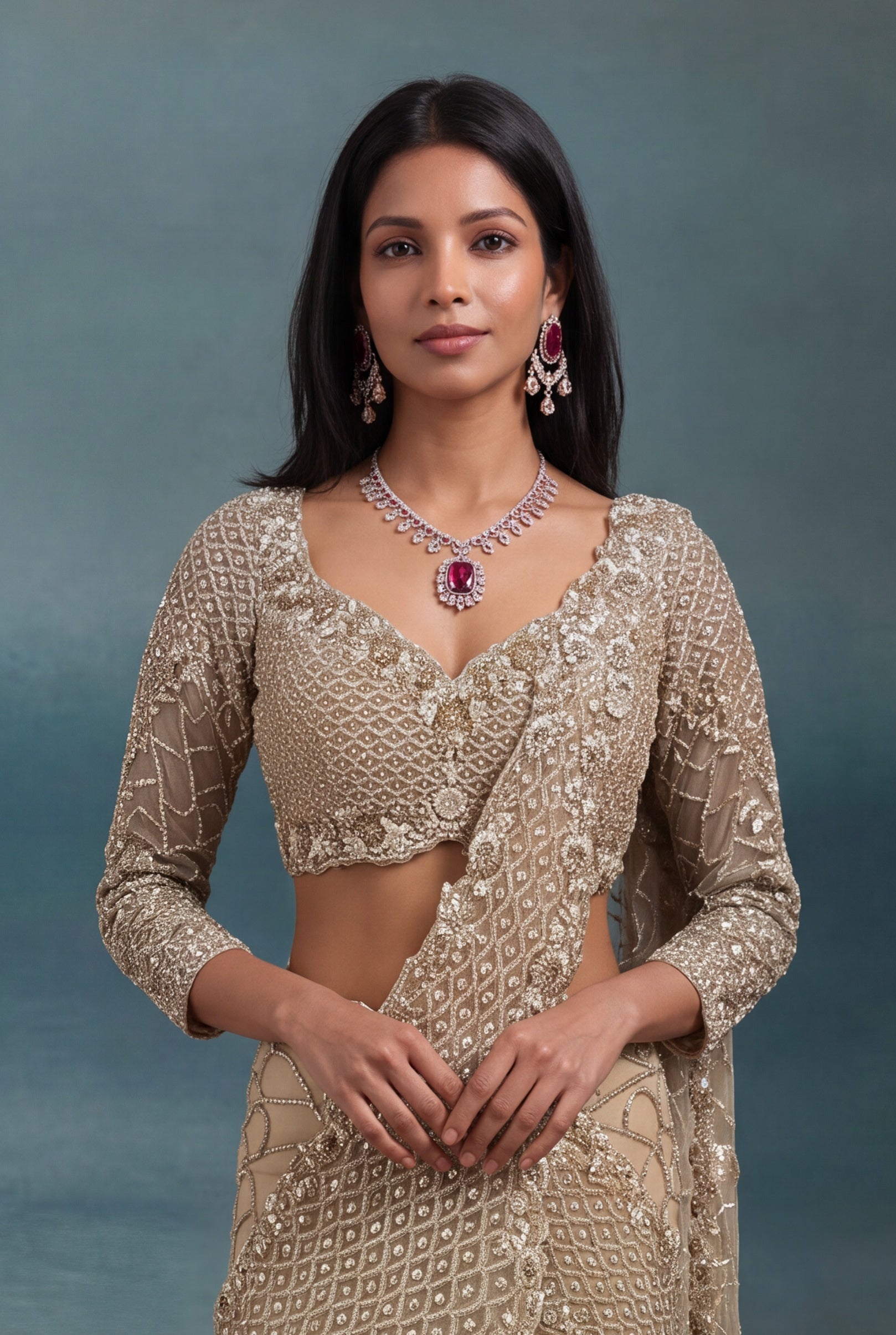 Gold Net Saree with Sequin & Kutdana Embroidery