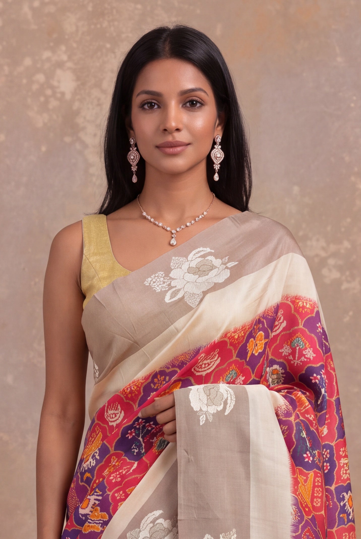 Multicolour Tussar Silk Saree with Ikkat Print