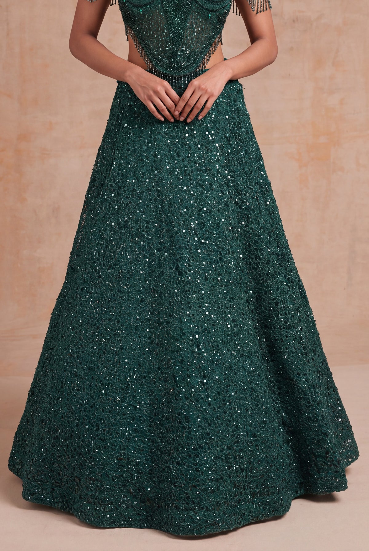 Emerald Green Indo-Western Net Lehenga