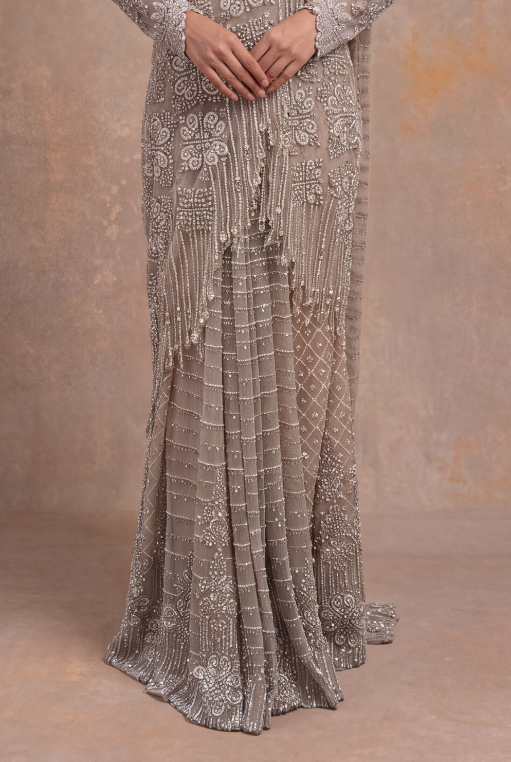 Rose Gold Embellished Net Pre-Draped Saree