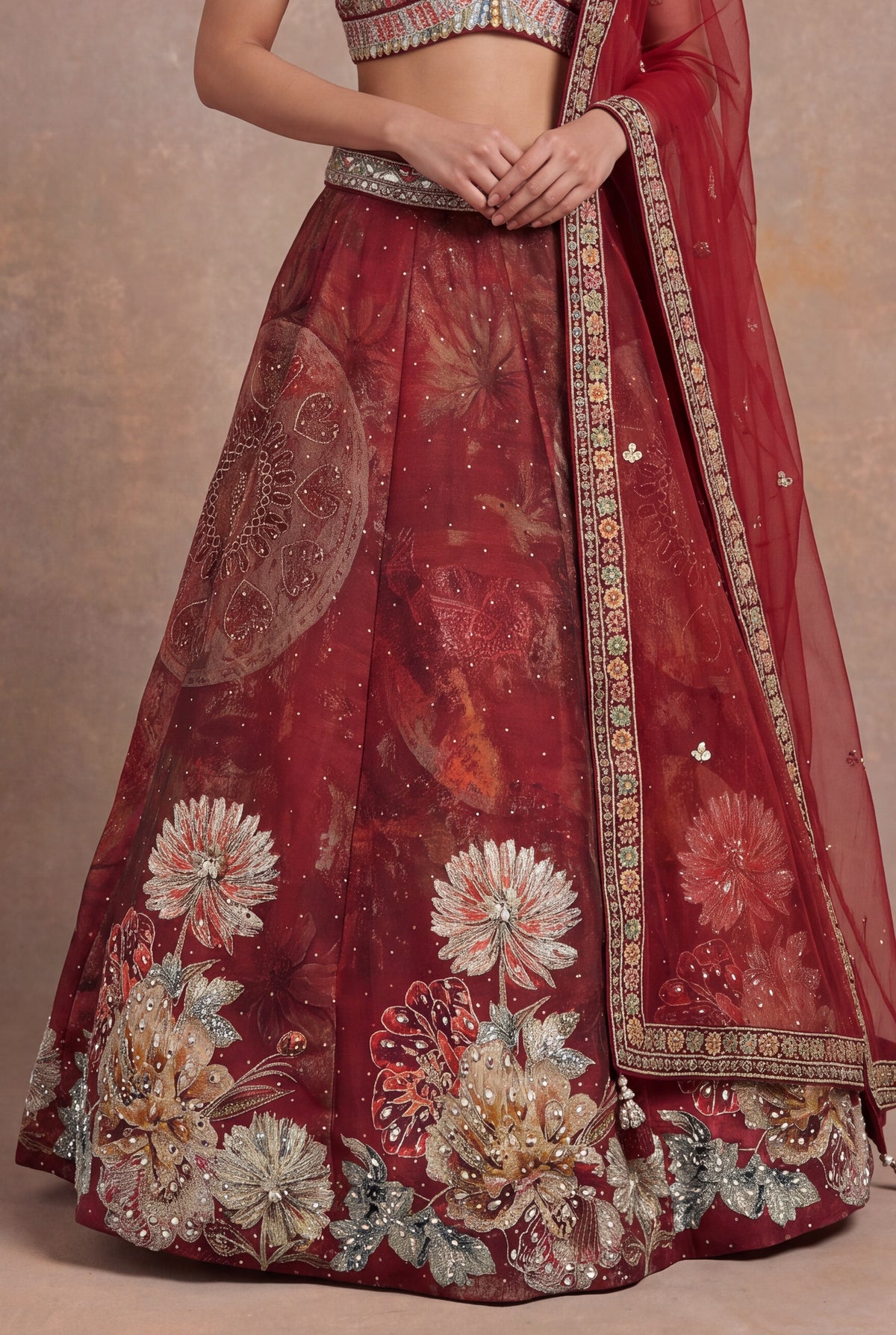 Deep Red Printed Silk Lehenga Set with Mirror Work