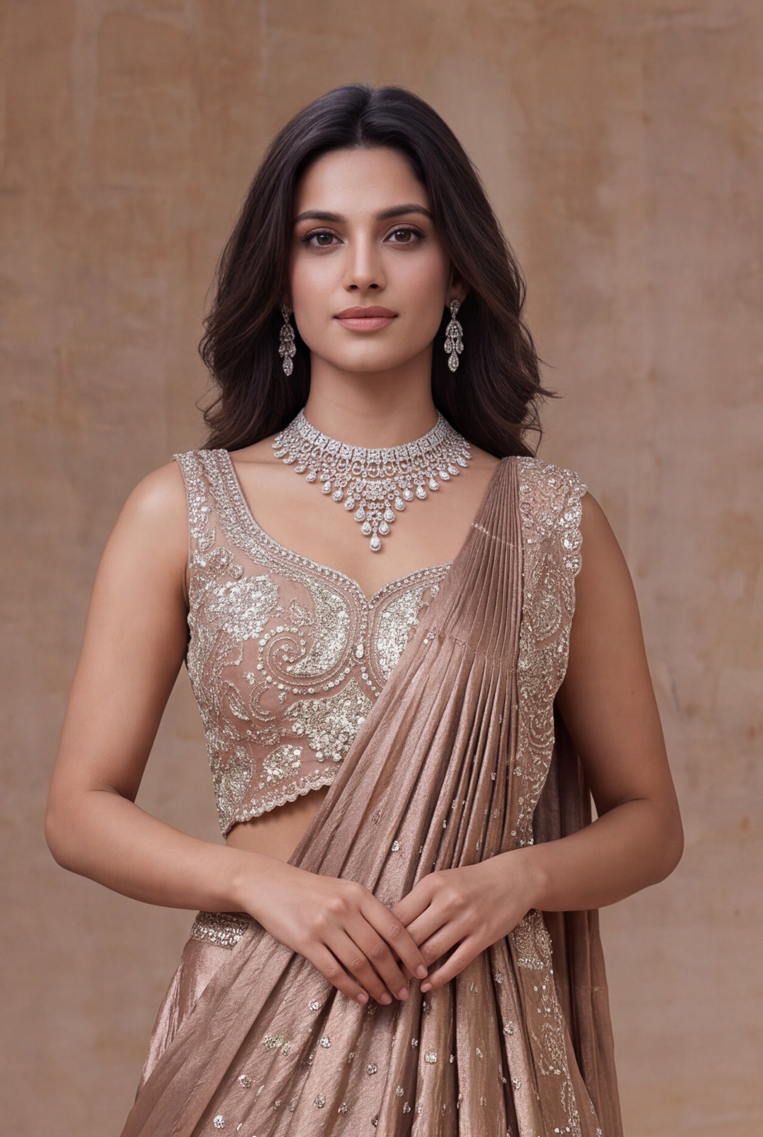 Rose Taupe Satin Silk Draped Lehenga with Sequin Work