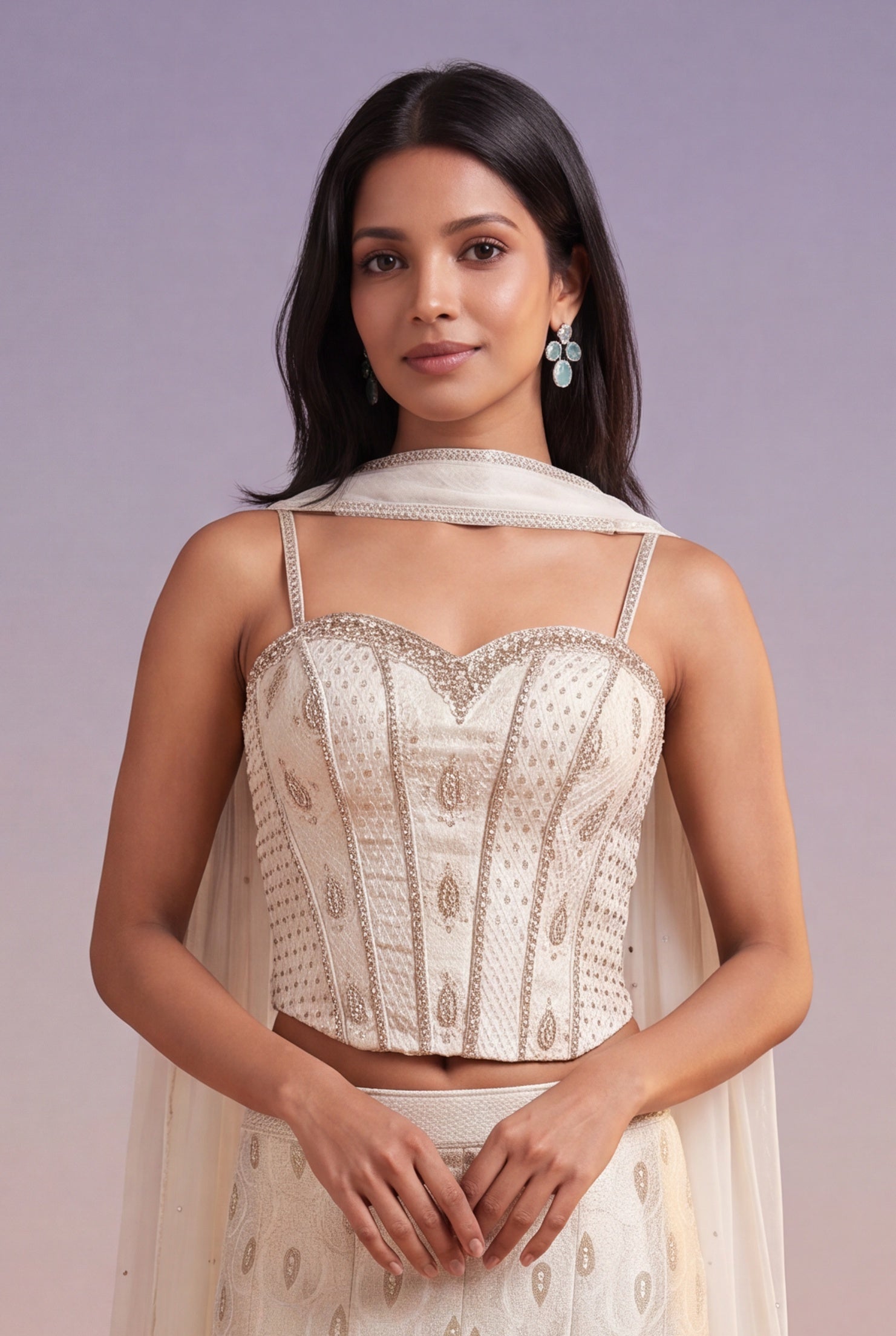 Ivory Tissue Lehenga with Fish-Cut Corset Blouse