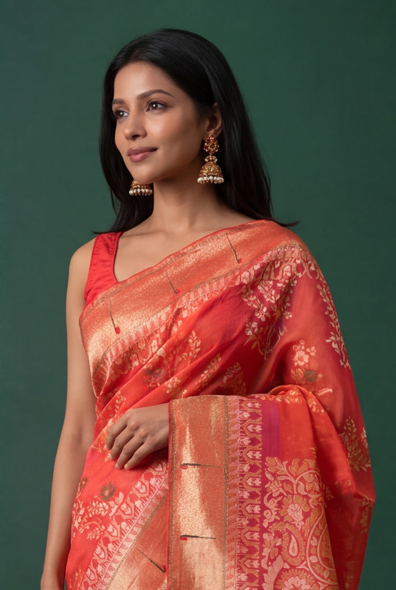 Coral Pink Kora Jamdani Saree with Paithani Border