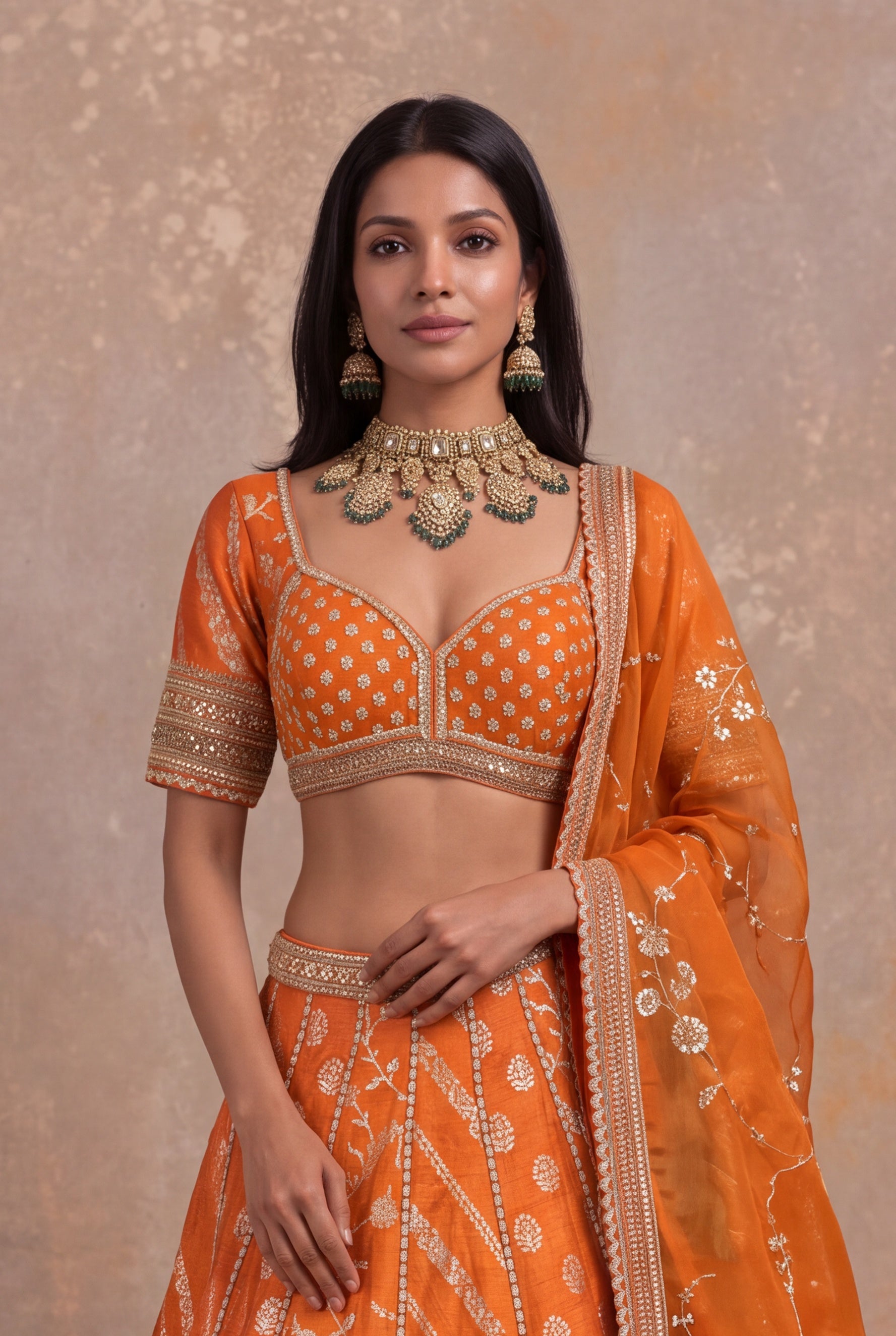Orange Banarasi Raw Silk Lehenga