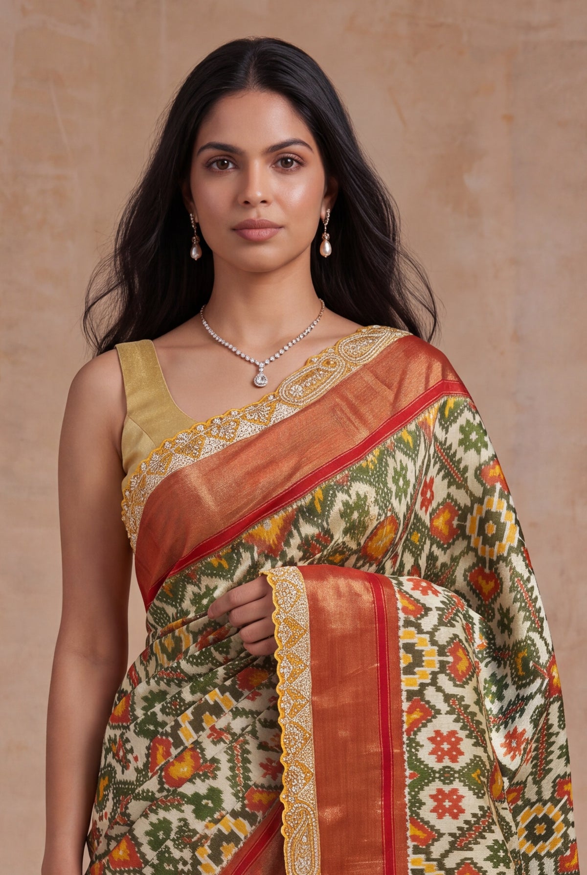 Cream Multicolor Ikat Tissue Silk Saree