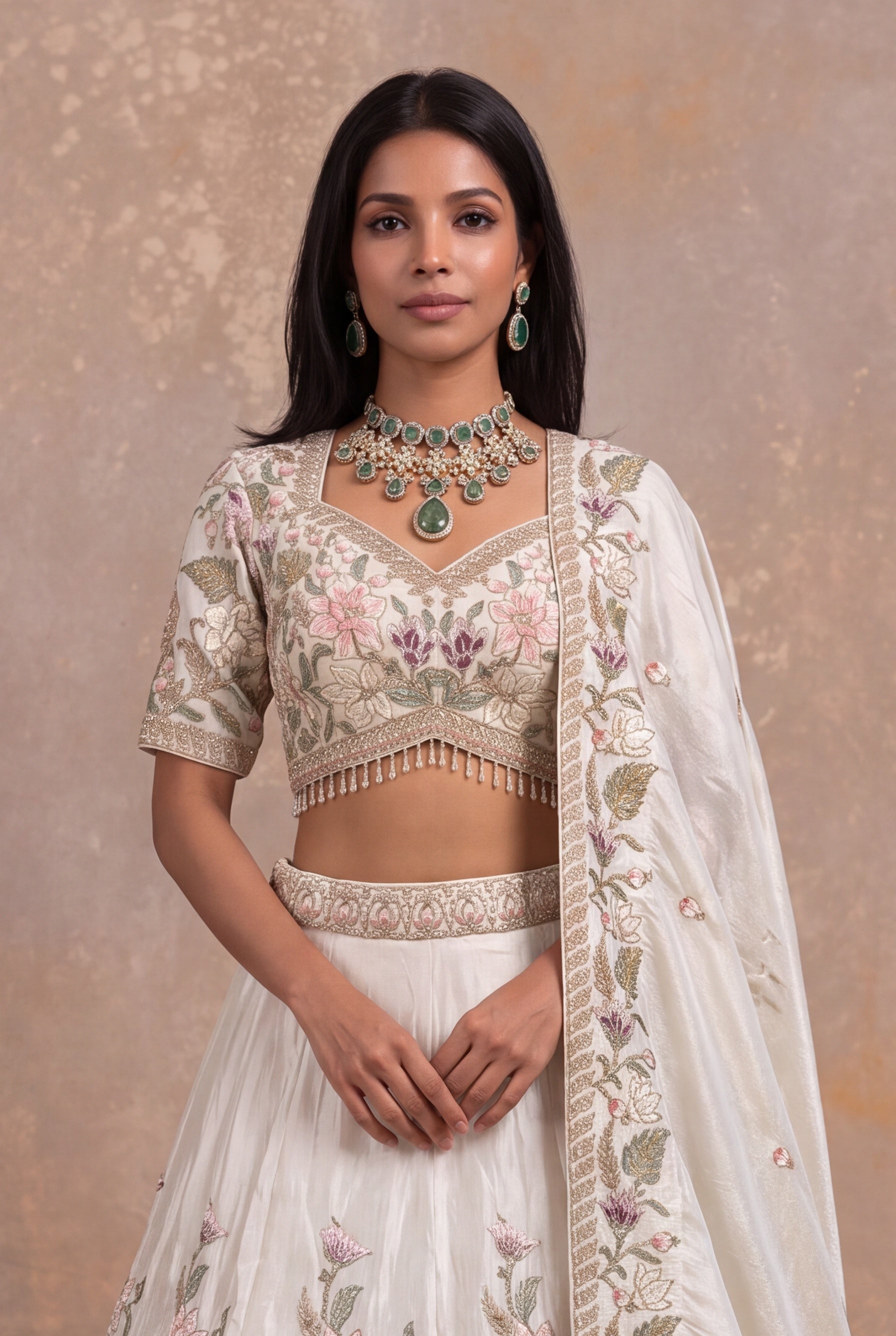Grey Tissue Lehenga with Bird & Floral Thread Embroidery