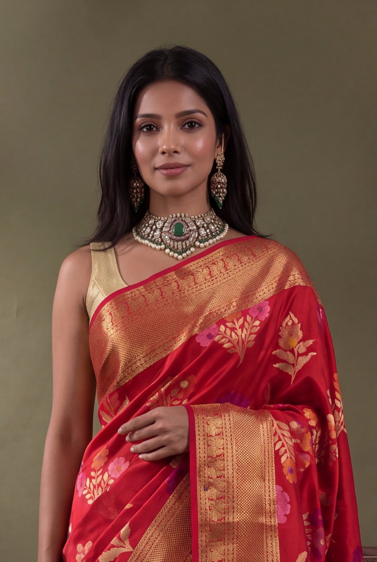 Red Banarasi Silk Saree with Kanjivaram Border
