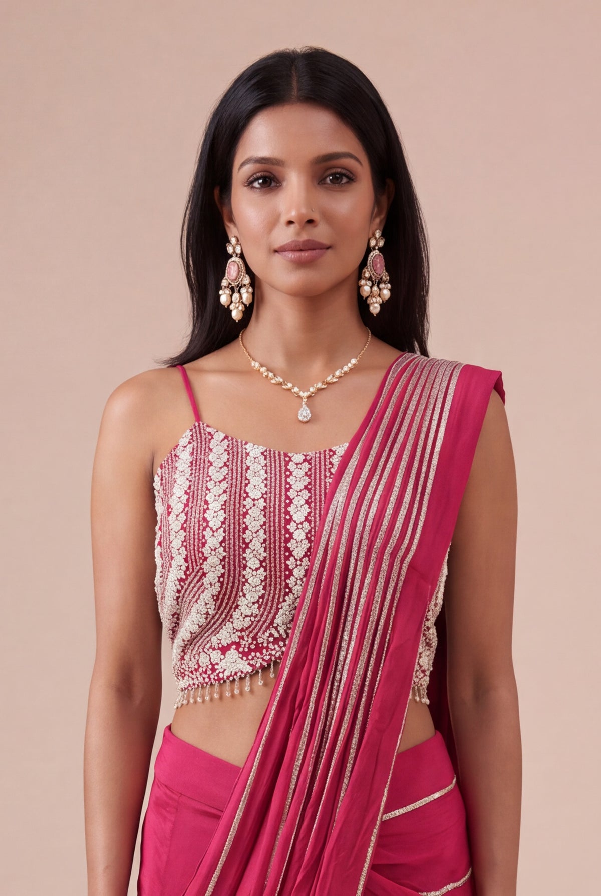 Rani Pink Chinon Crepe Draped Saree