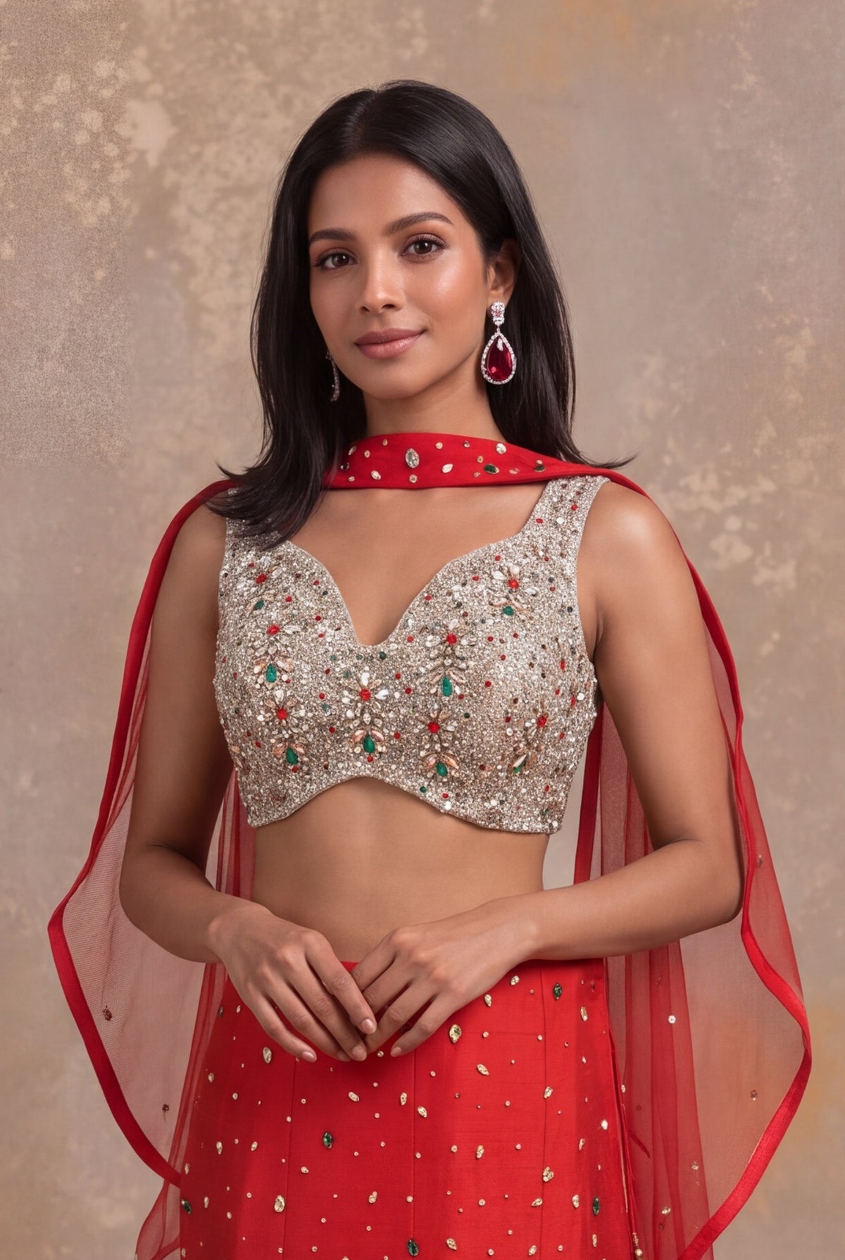 Red Raw Silk Indo-Western Crop Top & Skirt Set