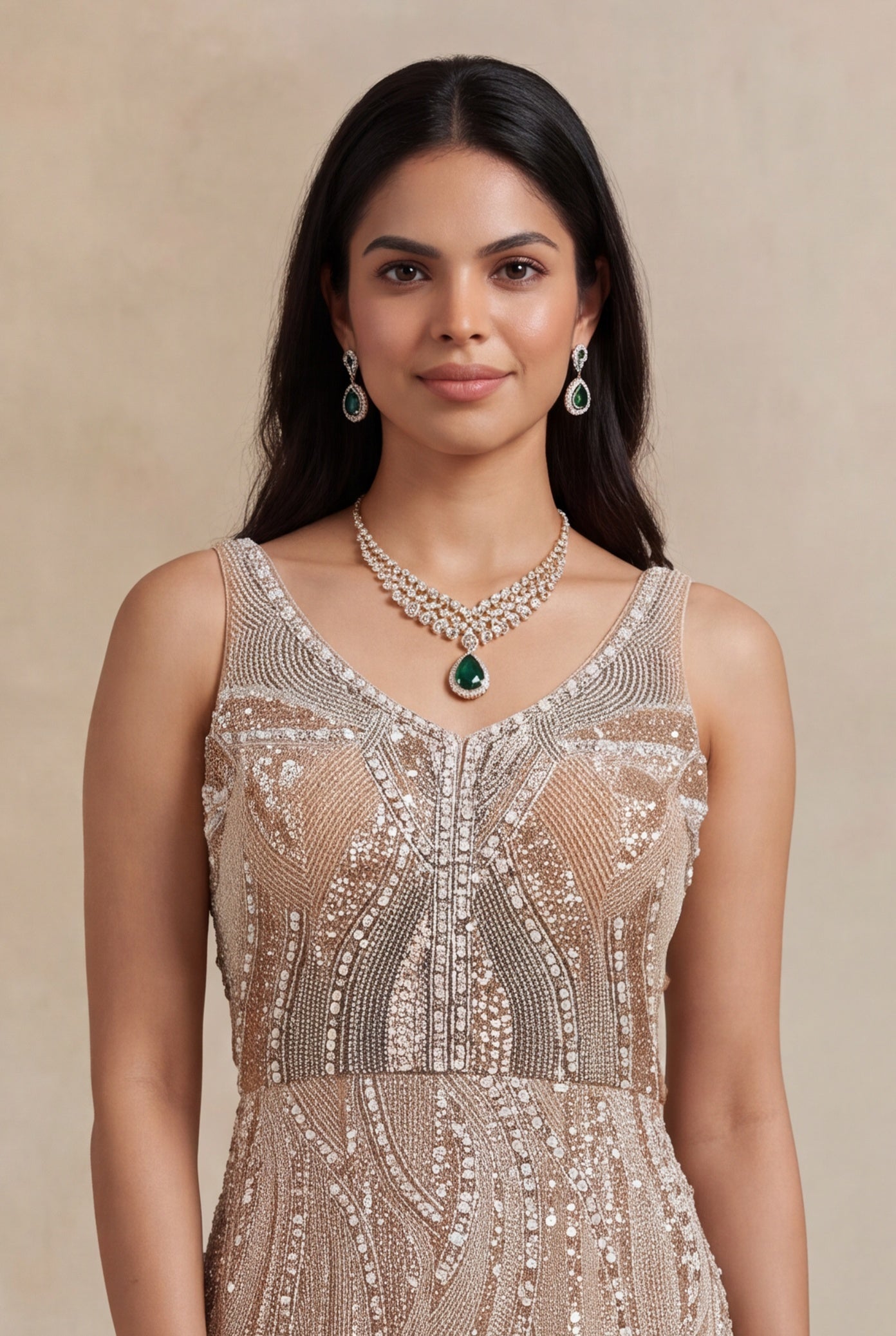 Champagne Gold Sequin & Pearl Embroidered Gown