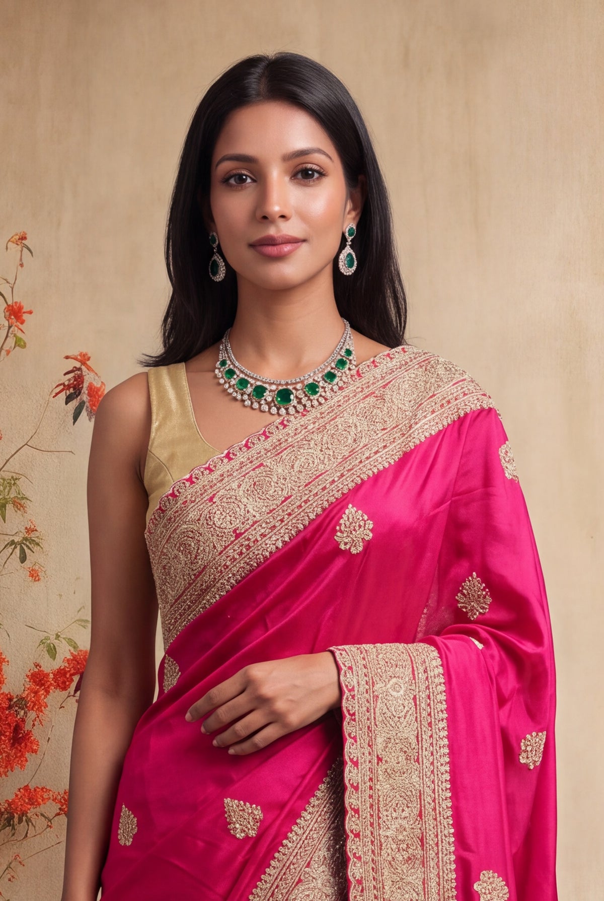 Rani Pink Satin Zardosi Saree