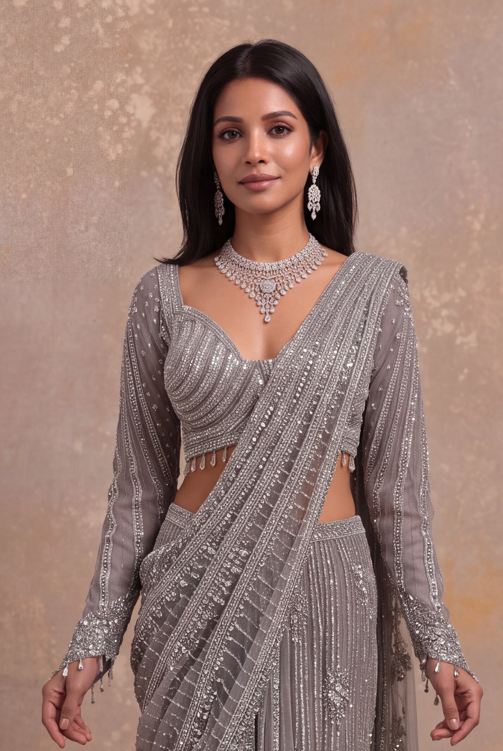 Grey Net Drape Saree with Stone Embroidery