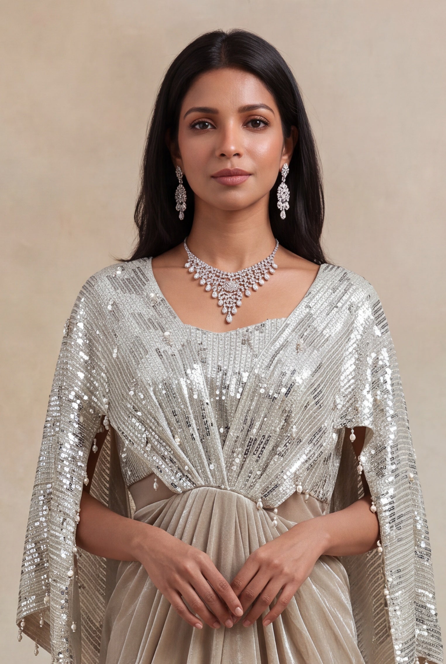 Champagne Silver Sequin & Pearl Draped Gown