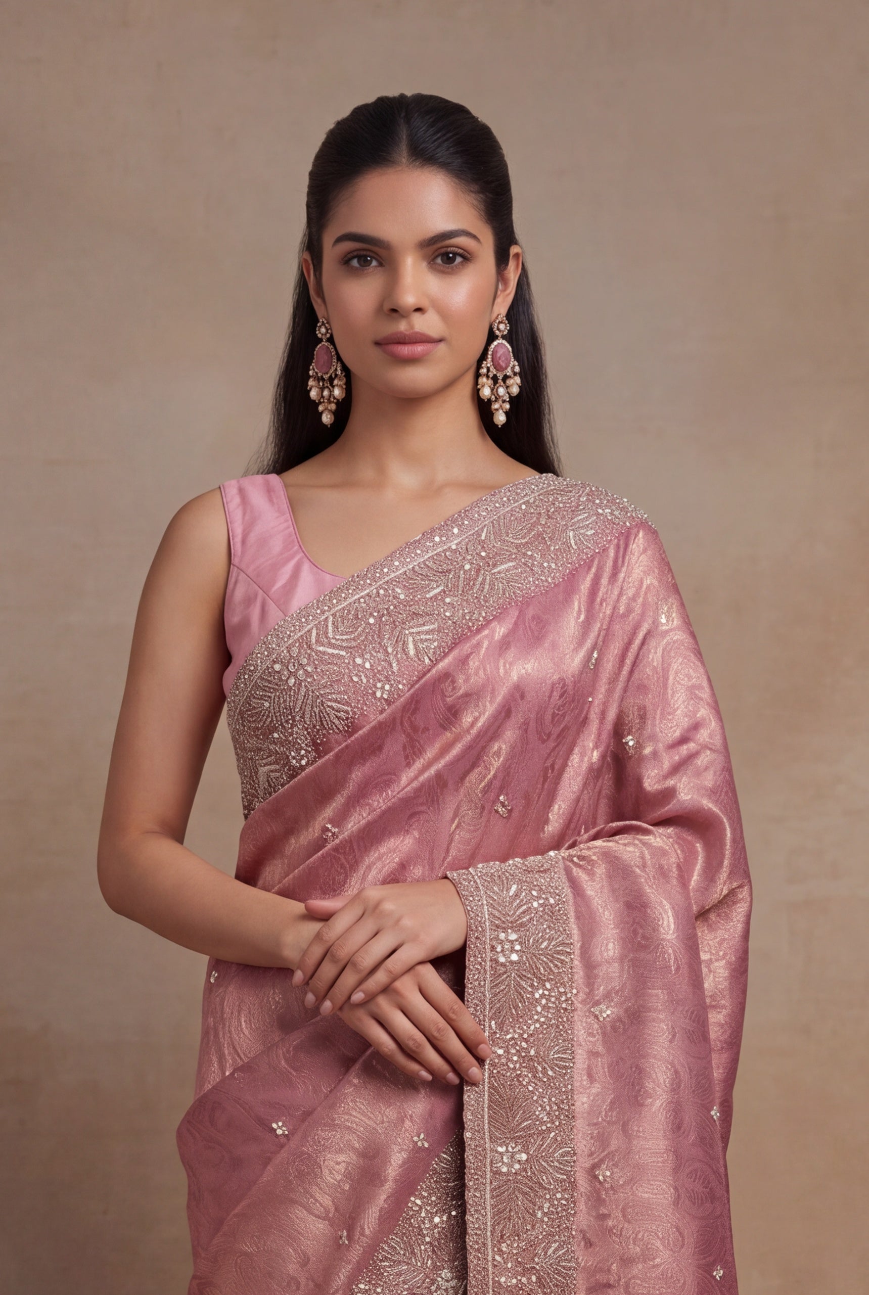 Pink Banarasi Silk Saree with Embellished Border