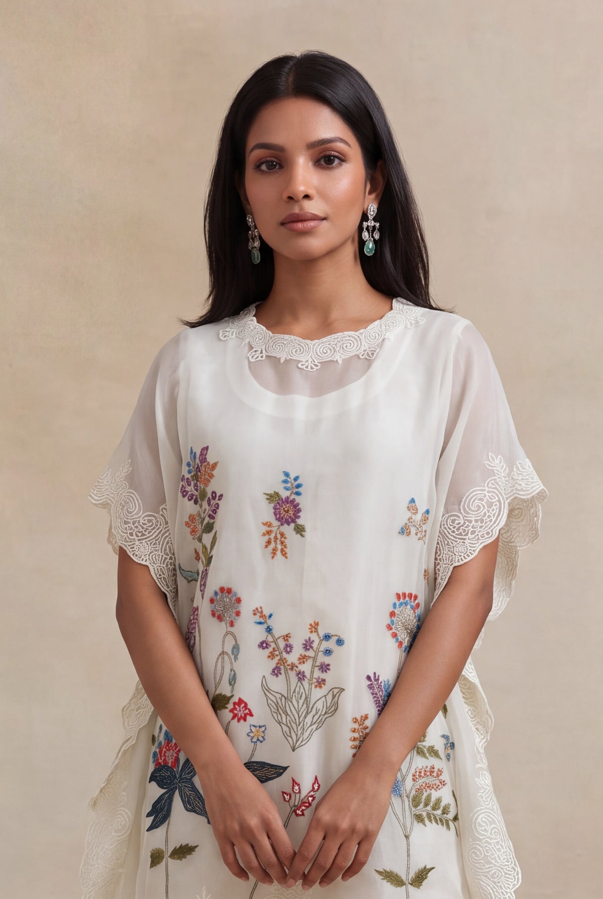 Ivory Organza Kaftan with Floral Thread Embroidery