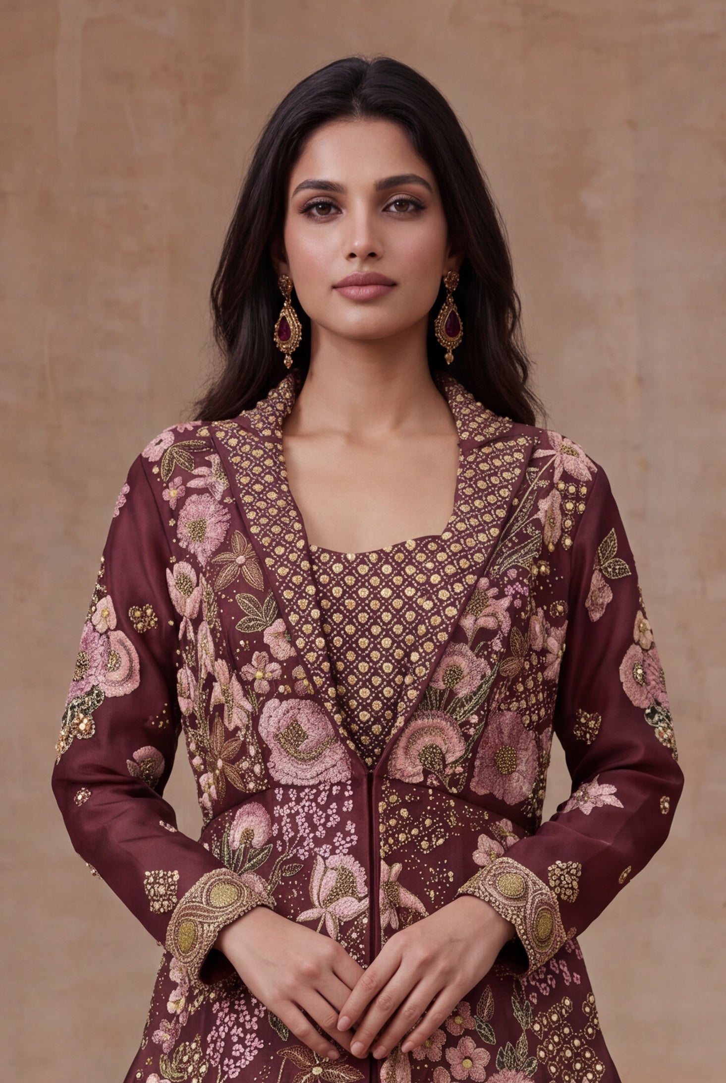 Wine Mauve Raw Silk Jacket Lehenga with Floral Embroidery