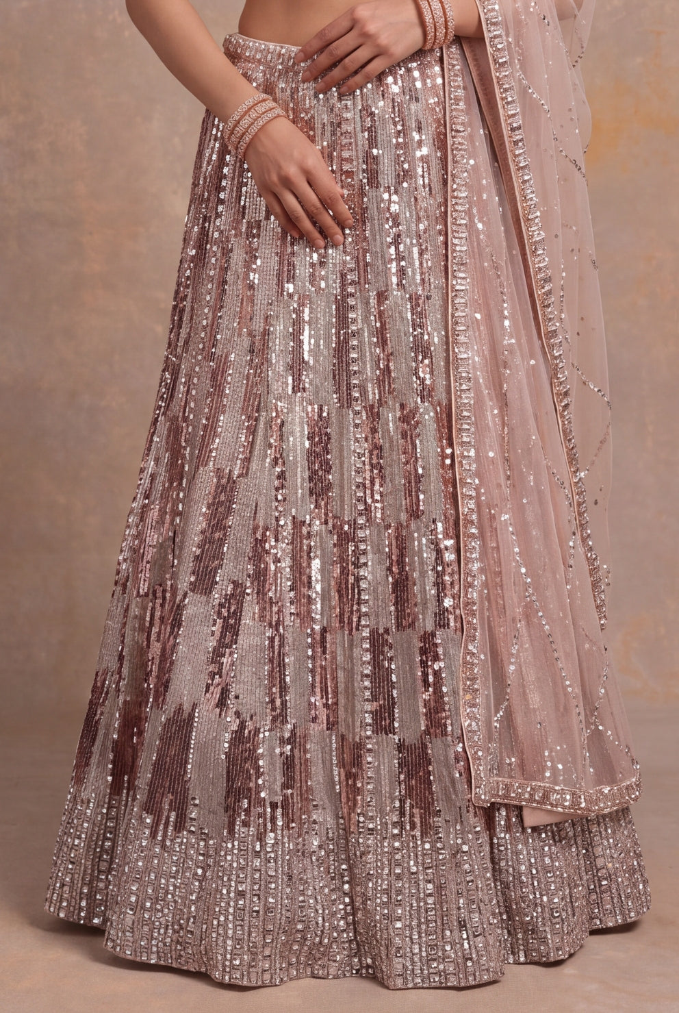 Peach Sequin & Katdana Embellished Net Lehenga