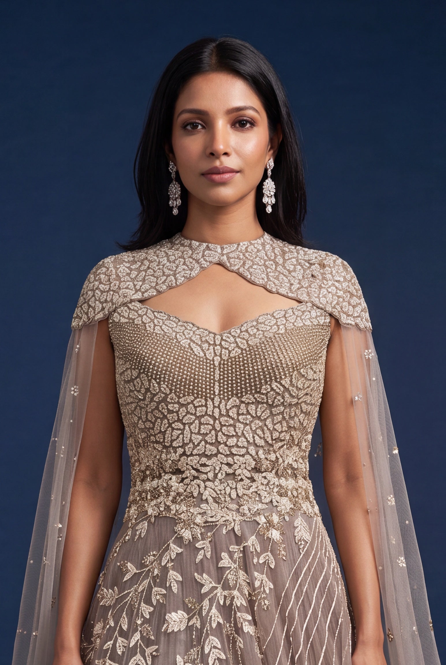 Mauve Net Gown with Cape Sleeve Drape and Rose Embroidery