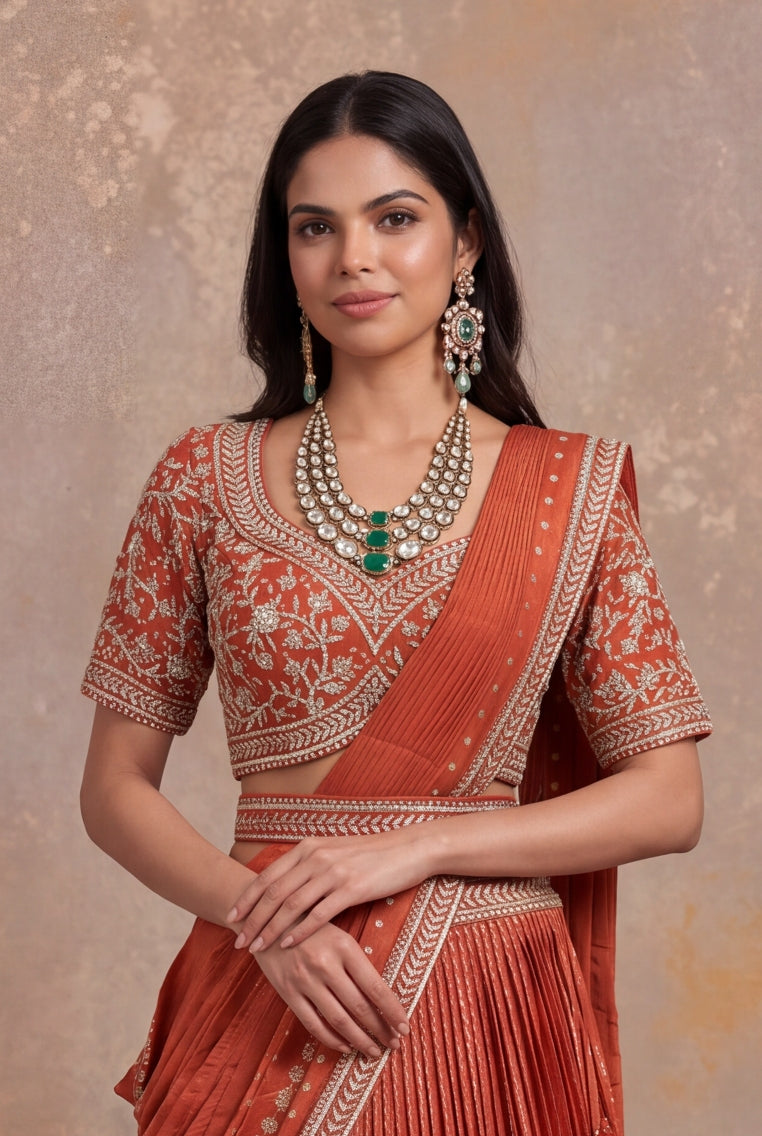 Light Orange Banarasi Draped Lehenga Set