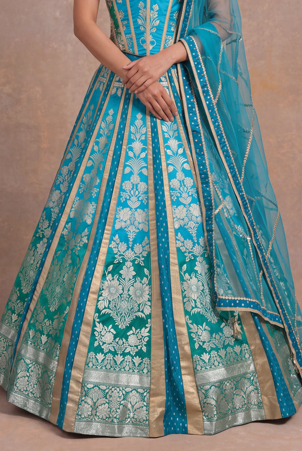 Turquoise Teal Ombre Banarasi Silk Lehenga Set
