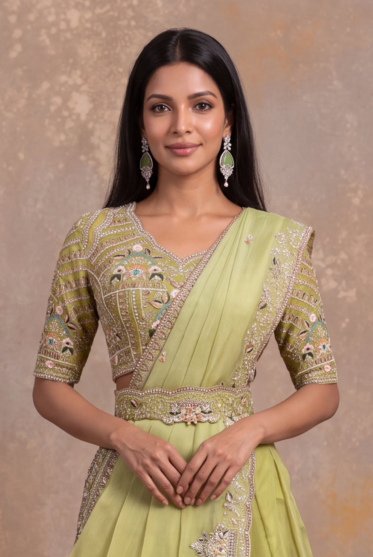 Pastel Green Organza Draped Lehenga