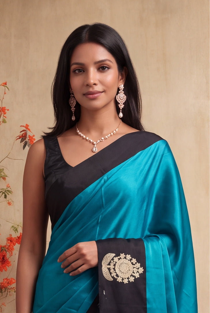 Teal Blue Crepe Silk Saree