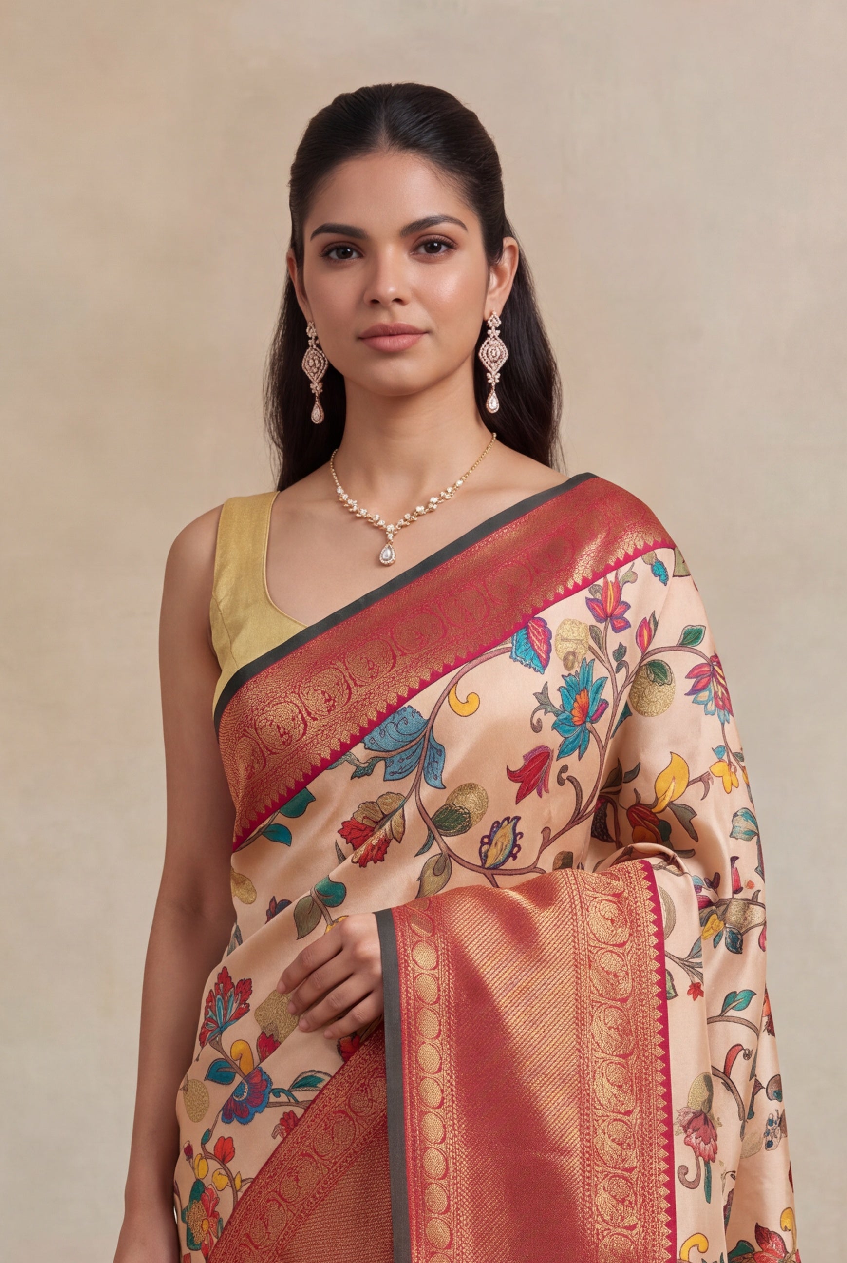 Light Peach Floral Print Kanchivaram Silk Saree