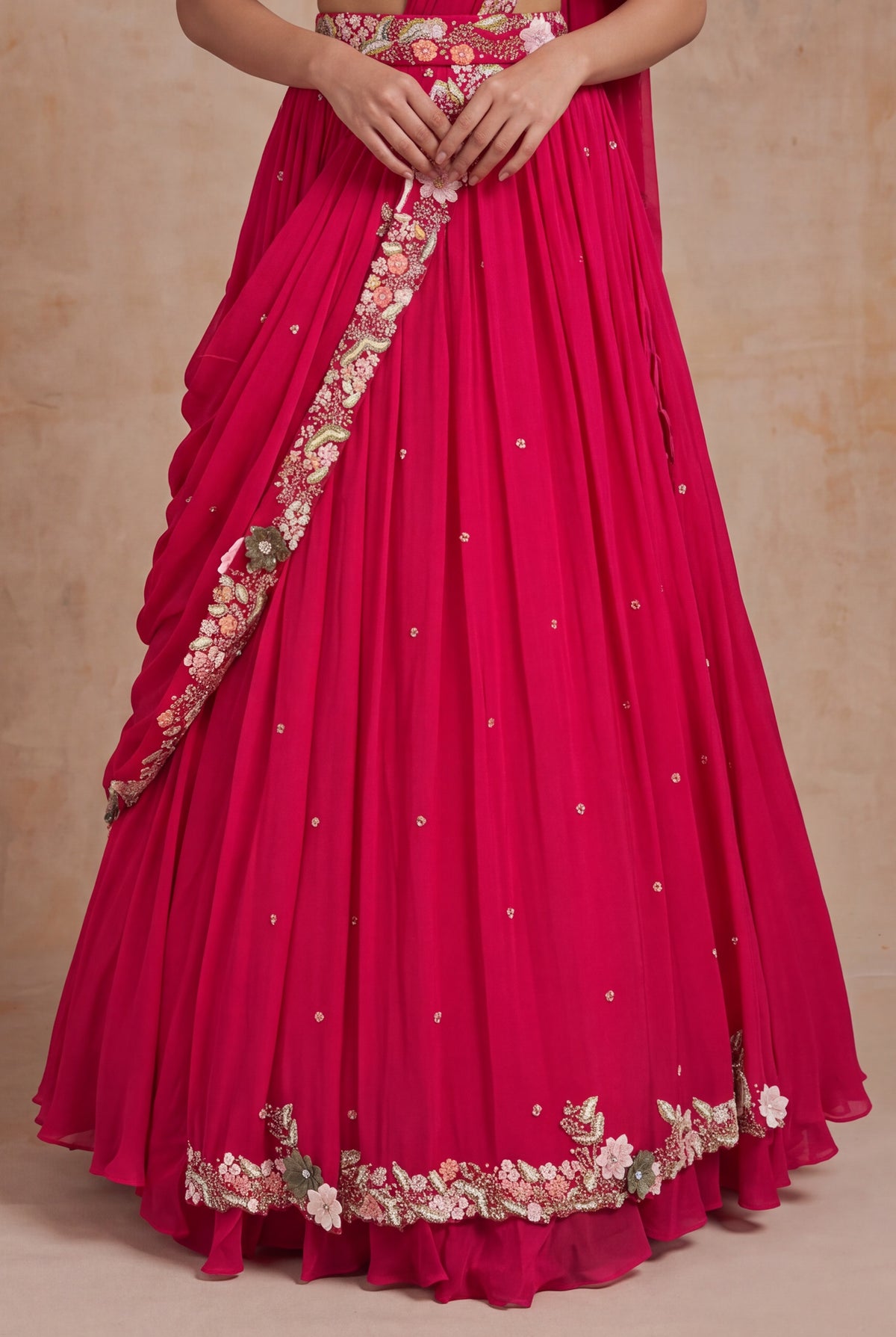 Pink Crepe Half Saree Lehenga with 3D Floral Work - Mokshaa