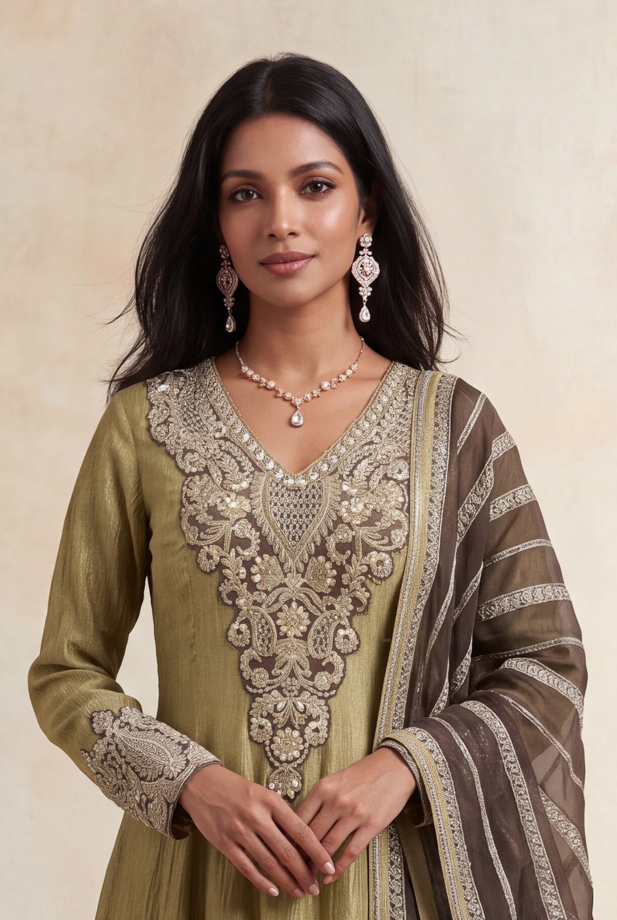 Olive Crush Tissue Anarkali