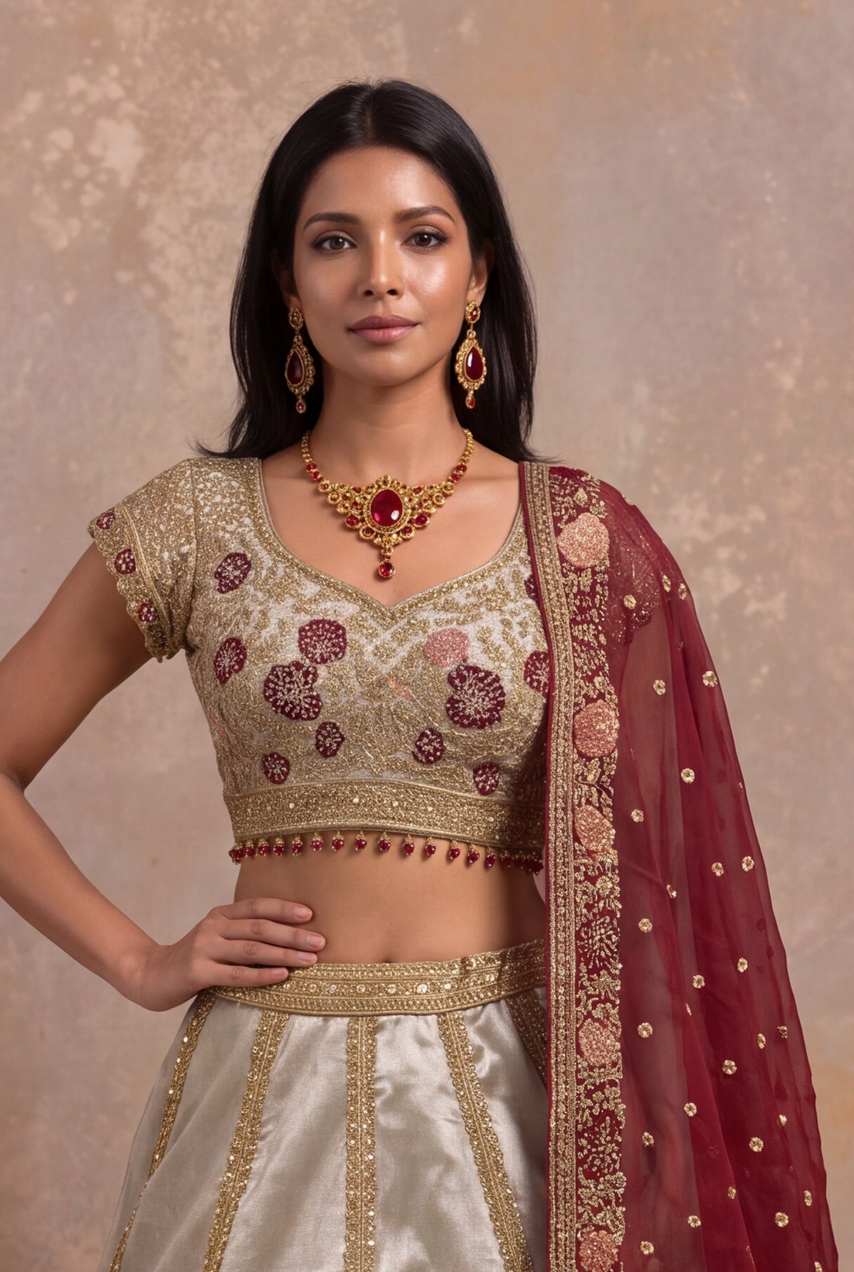 Gray Tissue Lehenga Set with Zardozi and Velvet Applique