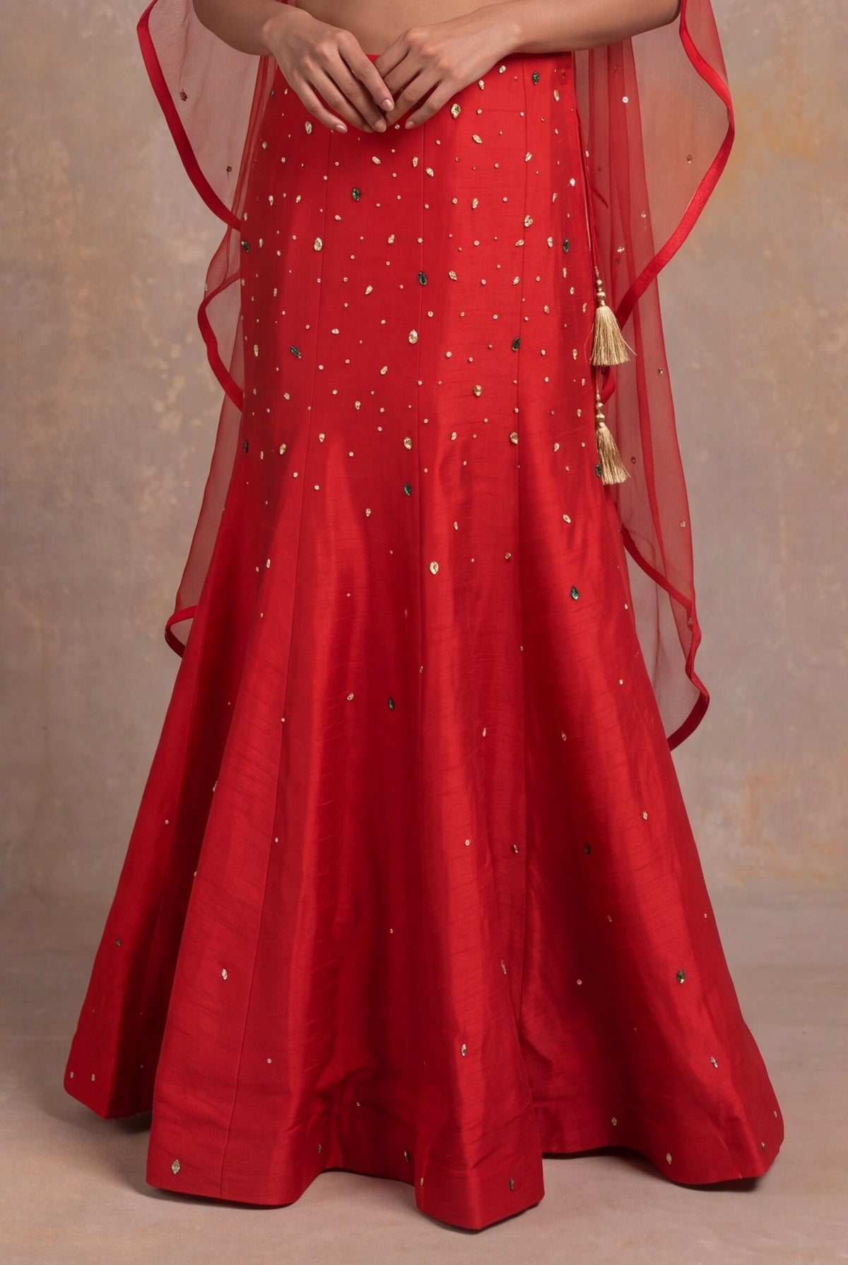 Red Raw Silk Indo-Western Crop Top & Skirt Set