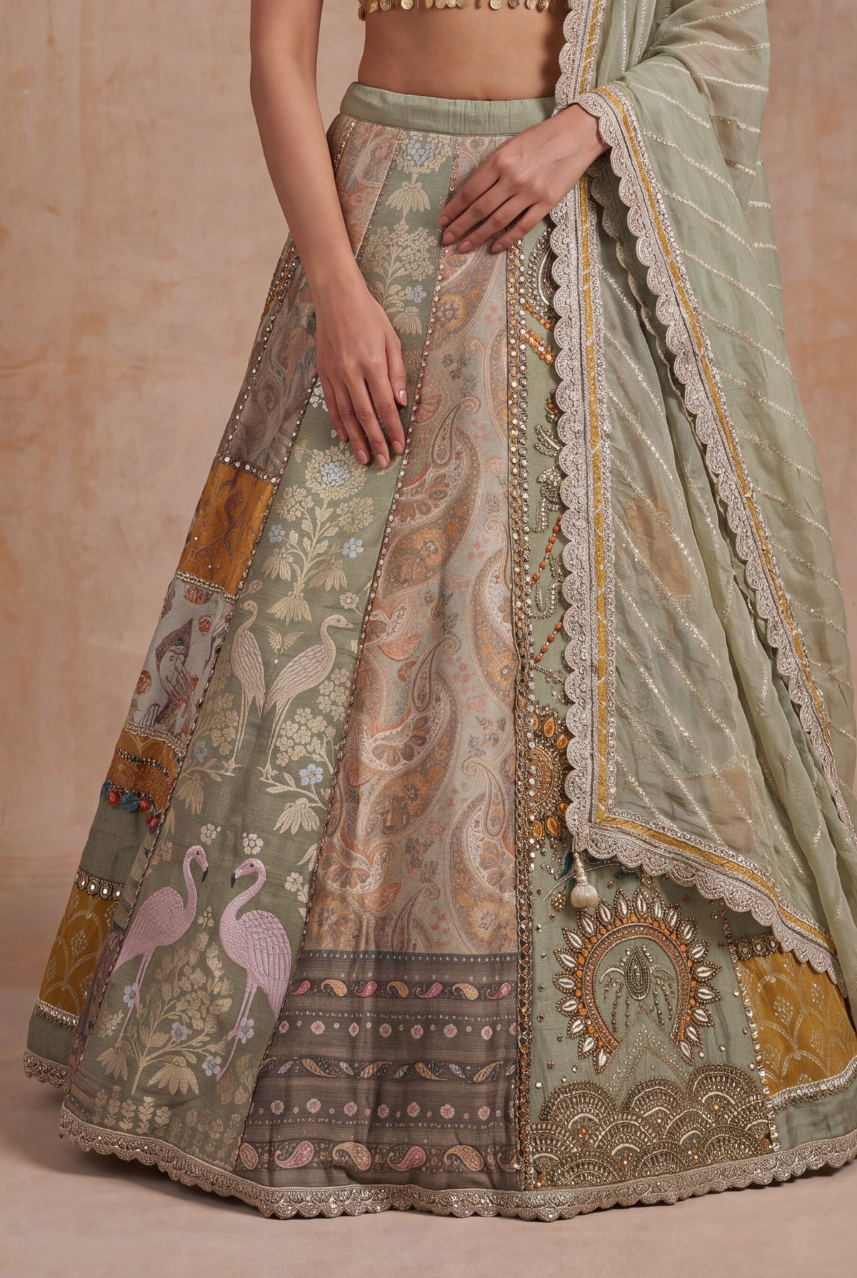 Light Green & Mustard Banarasi Printed Lehenga