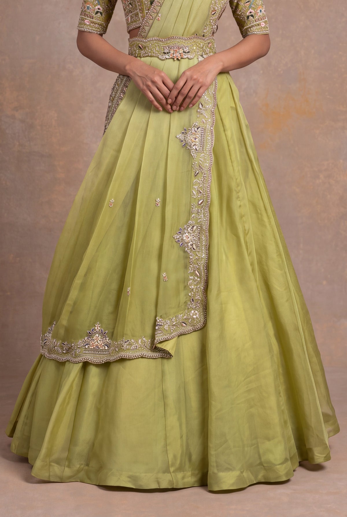 Pastel Green Organza Draped Lehenga