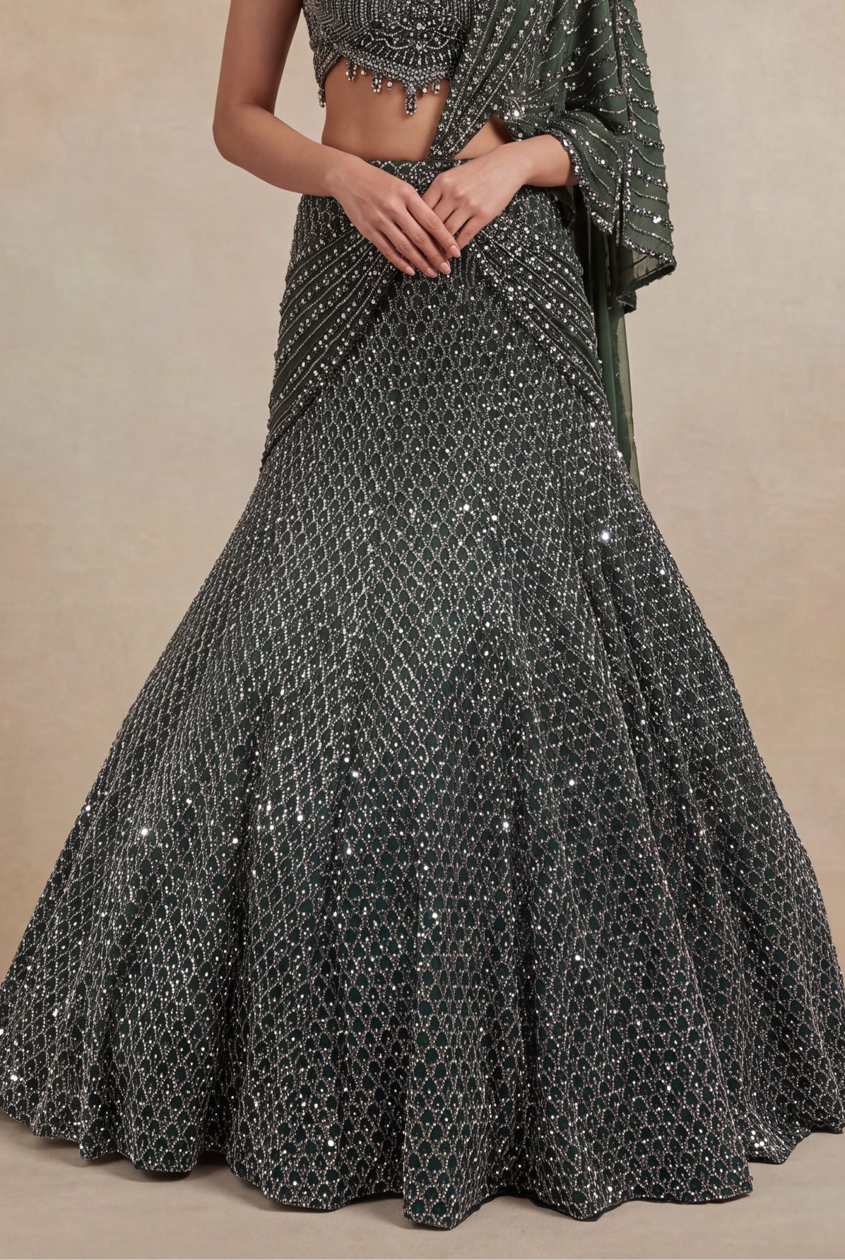 Mehandi Green Net Lehenga