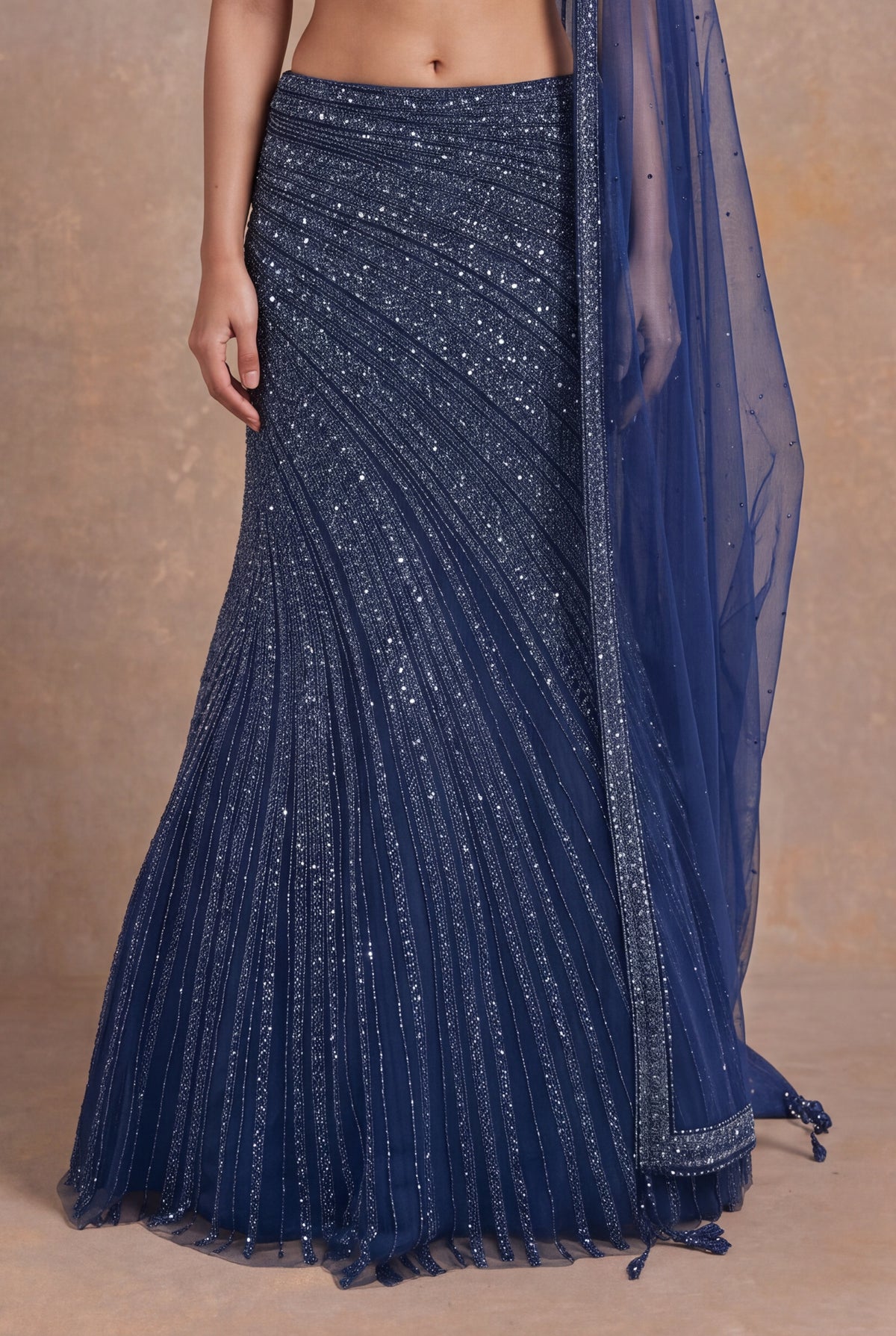 Navy Blue Fish Cut Net Lehenga