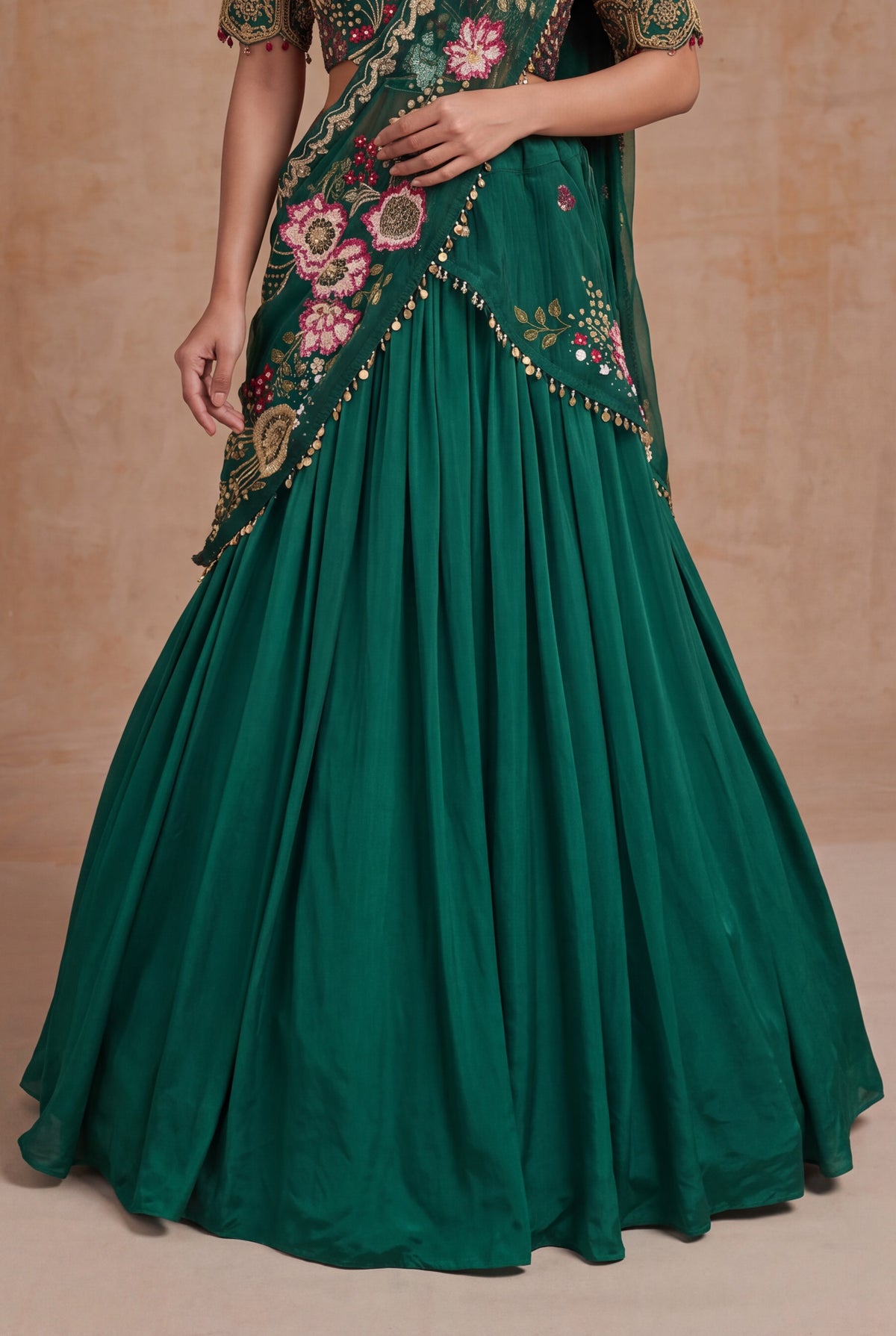 Emerald Green Draped Silk Lehenga set