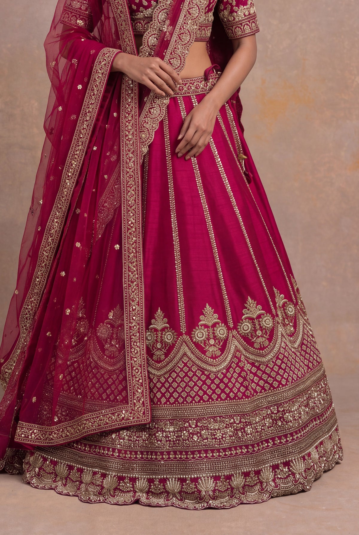 Magenta Pink Raw Silk Lehenga Set with Zardozi and Kundan Work