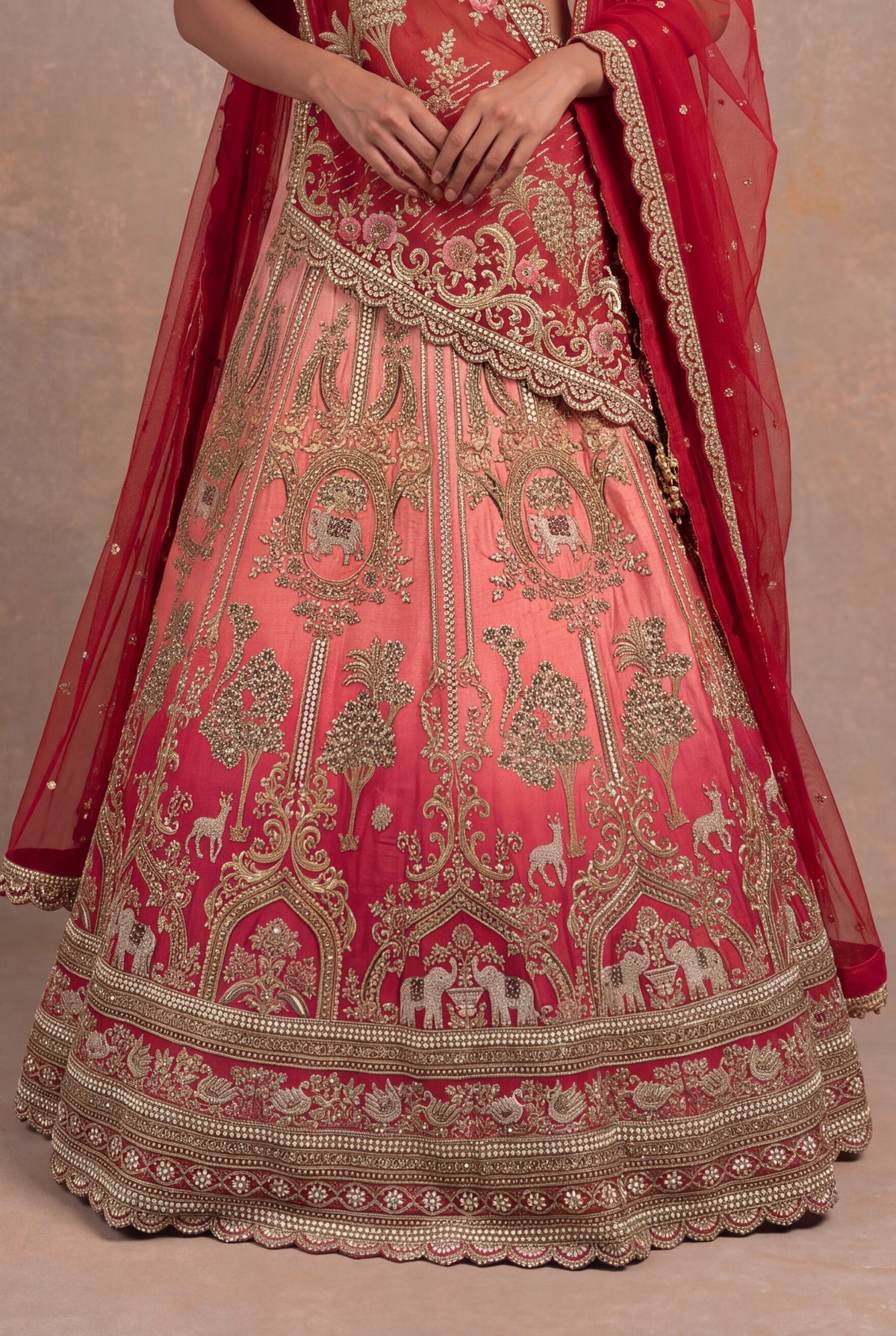 Red & Peach Silk Bridal Lehenga