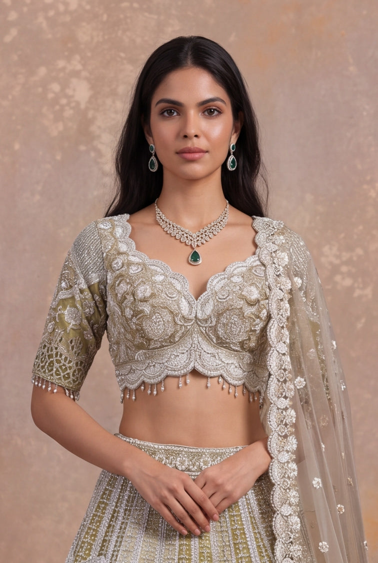 Shimmer Tissue Cutwork Lehenga