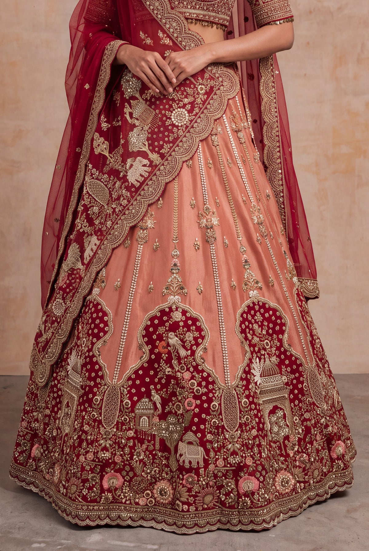 Peach & Deep Red Tissue Bridal Lehenga