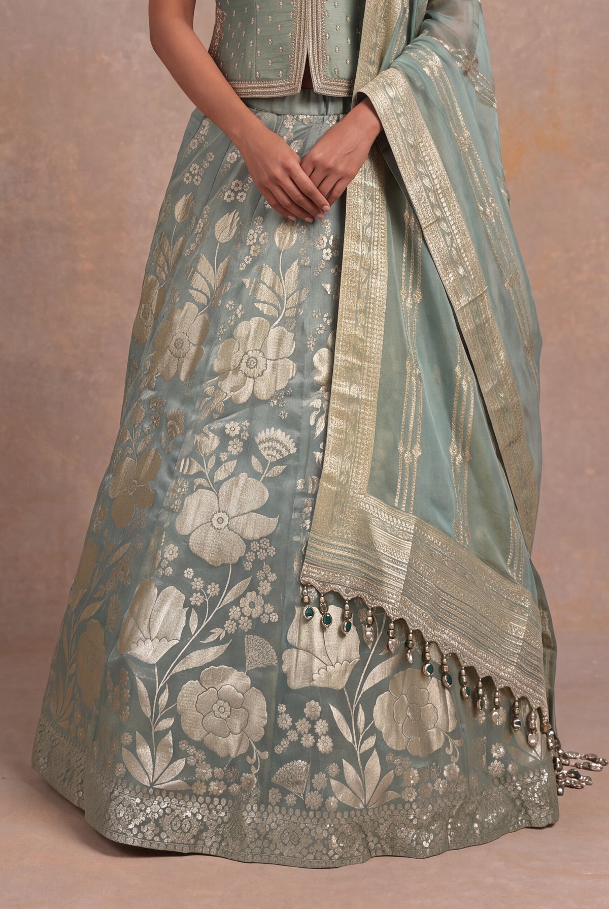 Sage Green Banarasi Tissue Silk Lehenga with Embellished Blouse
