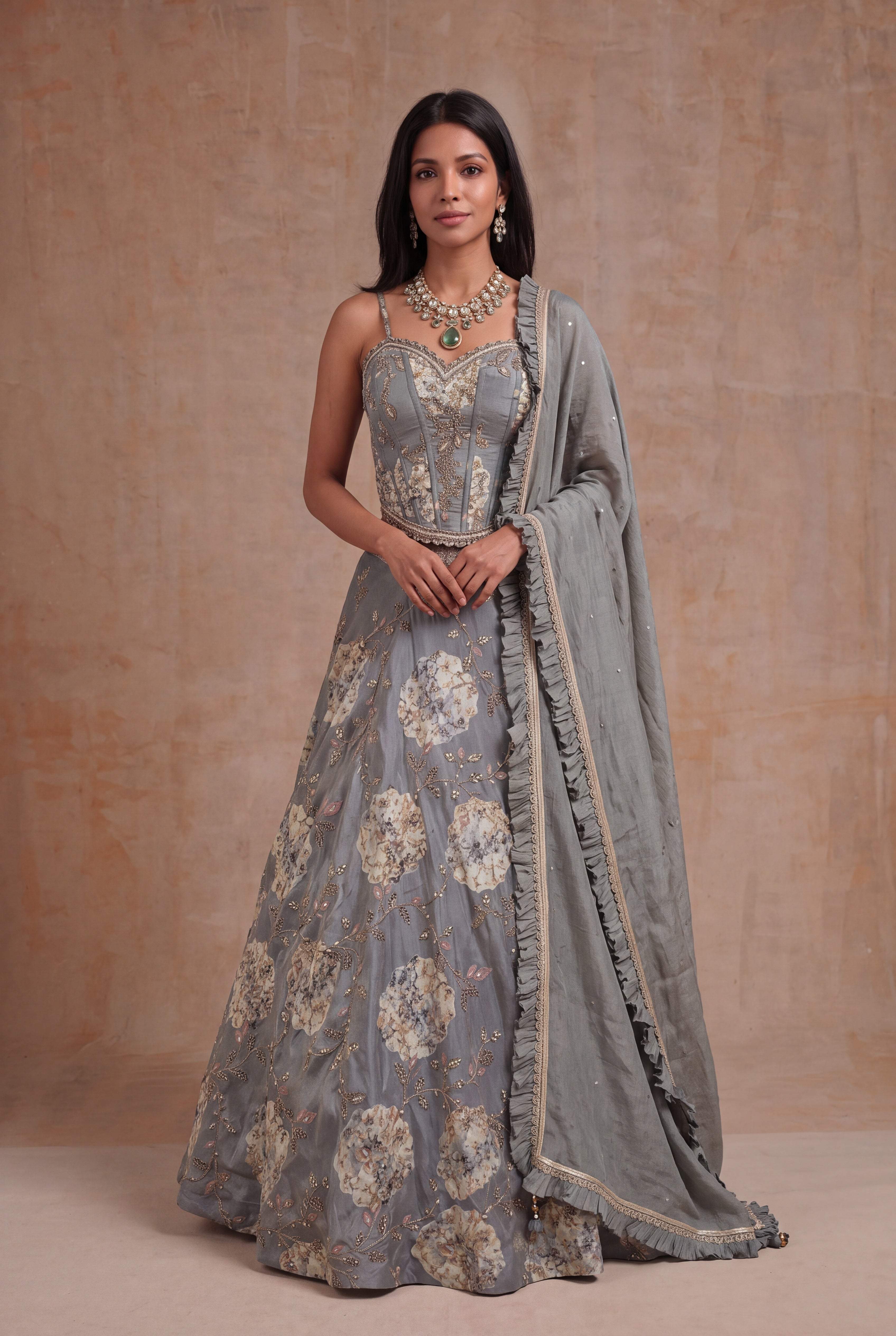 Grey Tissue Silk Floral Lehenga with Zari Work