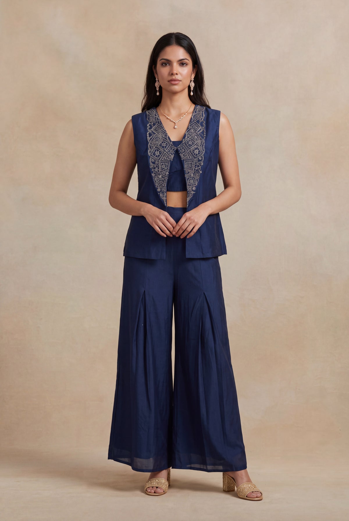 Navy Blue Silk Indo-Western Palazzo Set - Mokshaa