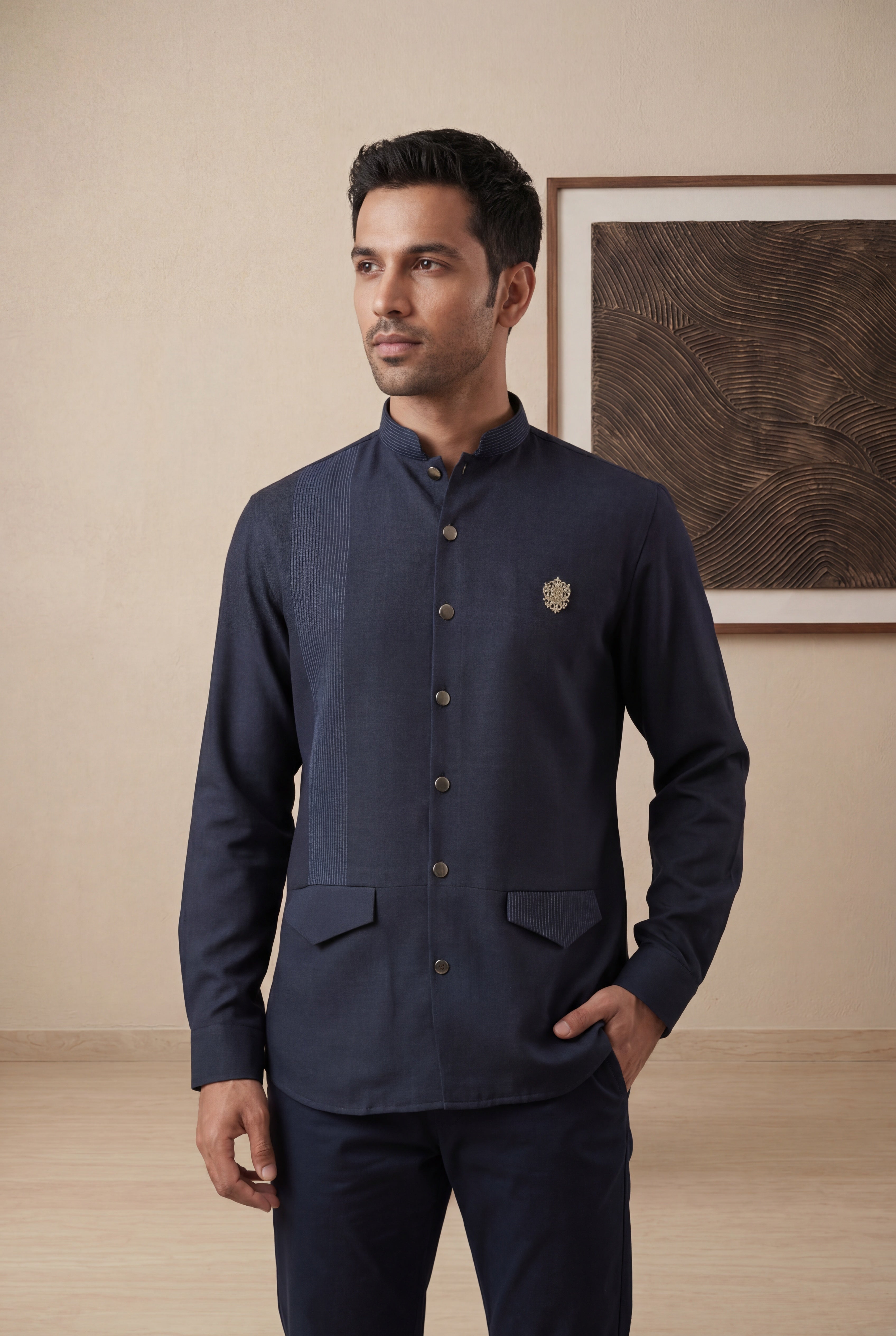 Navy Blue Cotton Mandarin Collar Shirt