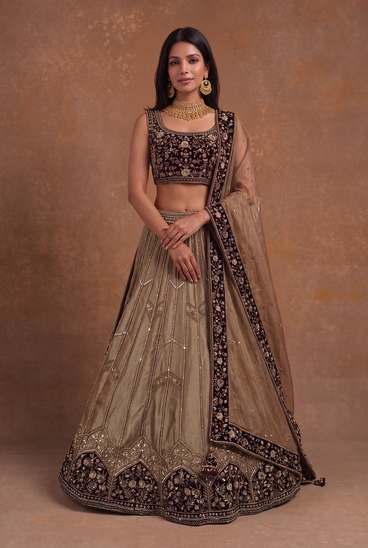 Tissue Lehenga with Maroon Velvet Blouse